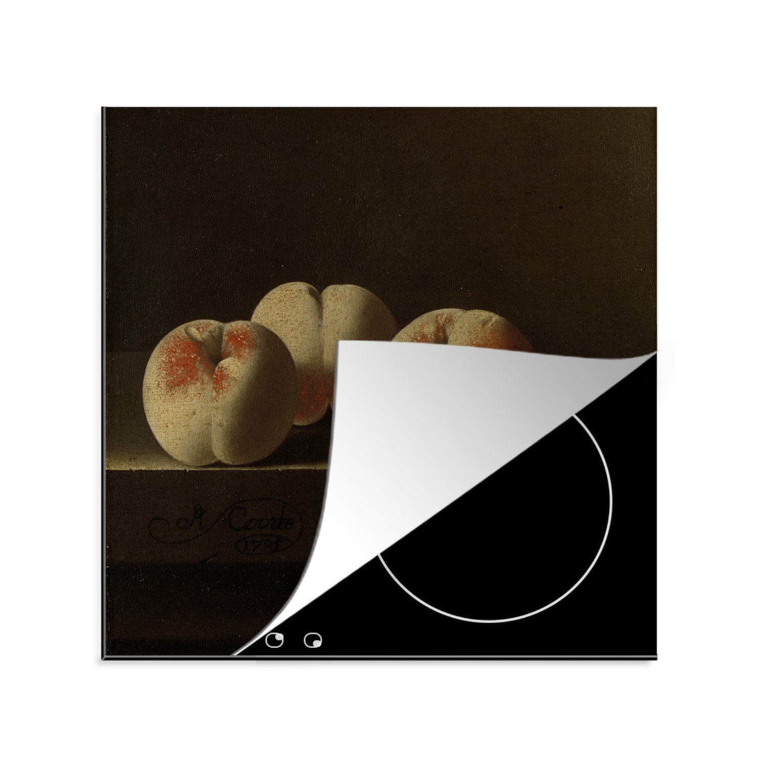 Pfirsiche Drei auf 78x78 im, Herdblende-/Abdeckplatte Arbeitsplatte Ceranfeldabdeckung, für (1 cm, Gemälde MuchoWow tlg), küche Coorte von Vinyl, - einem Adriaen Steinsockel