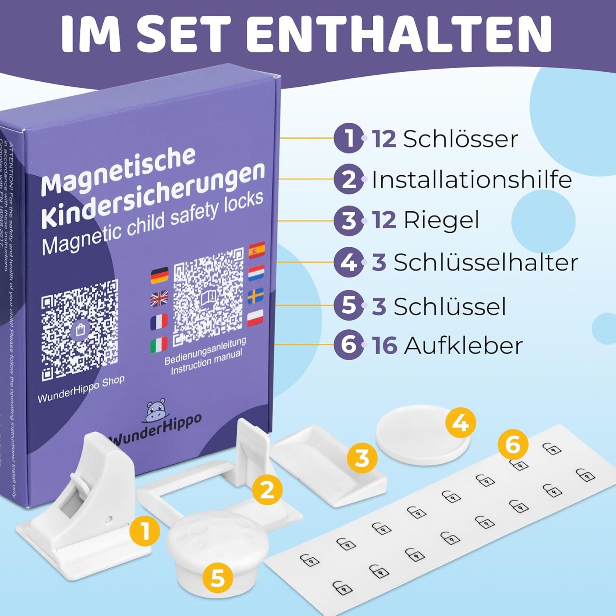 WunderHippo Kindersicherung Magnetische Kindersicherungen 12 Schlösser+3 Schlüssel, weiß
