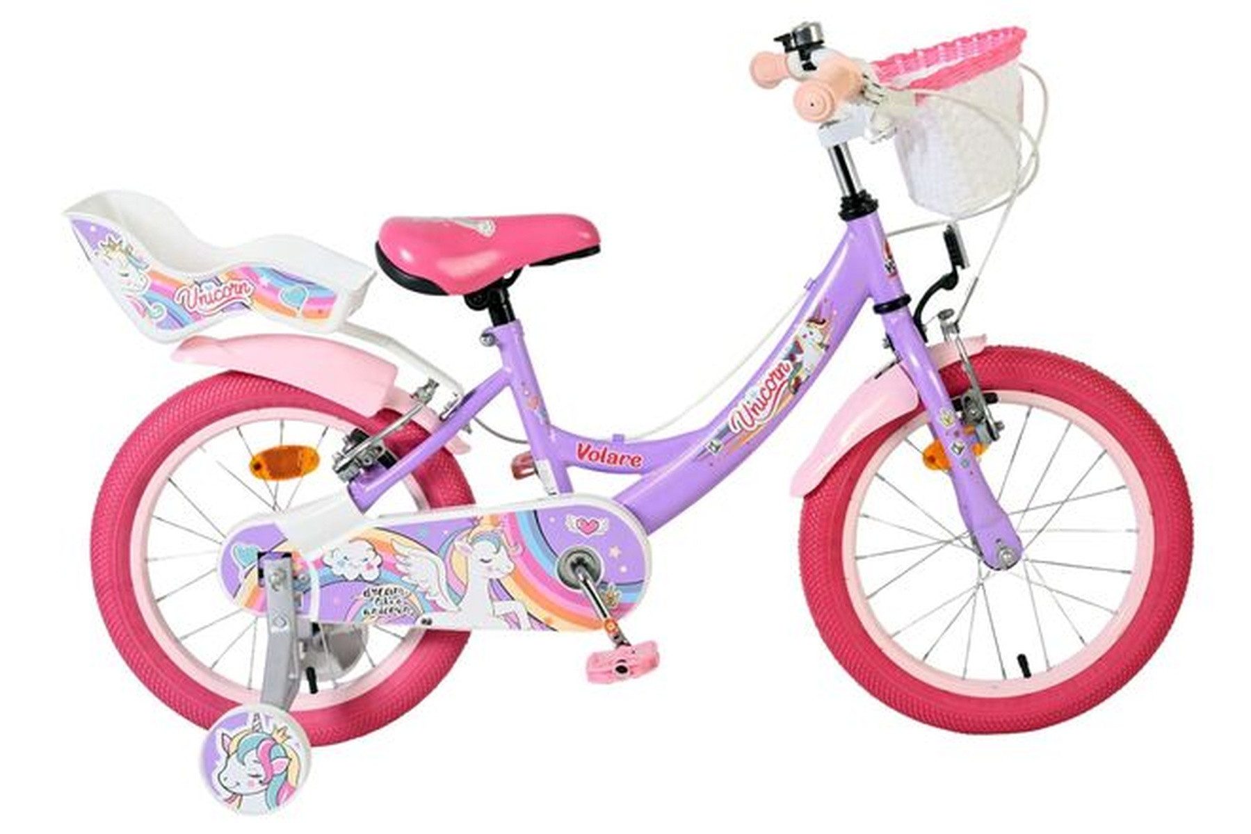 Volare Kinderfahrrad Unicorn Mädchen 16 Zoll Lila mit Einhorn-Design und zwei Handbremsen, Abnehmbare Stützräder, geschlossener Kettenschutz,5 cm) und Lenker