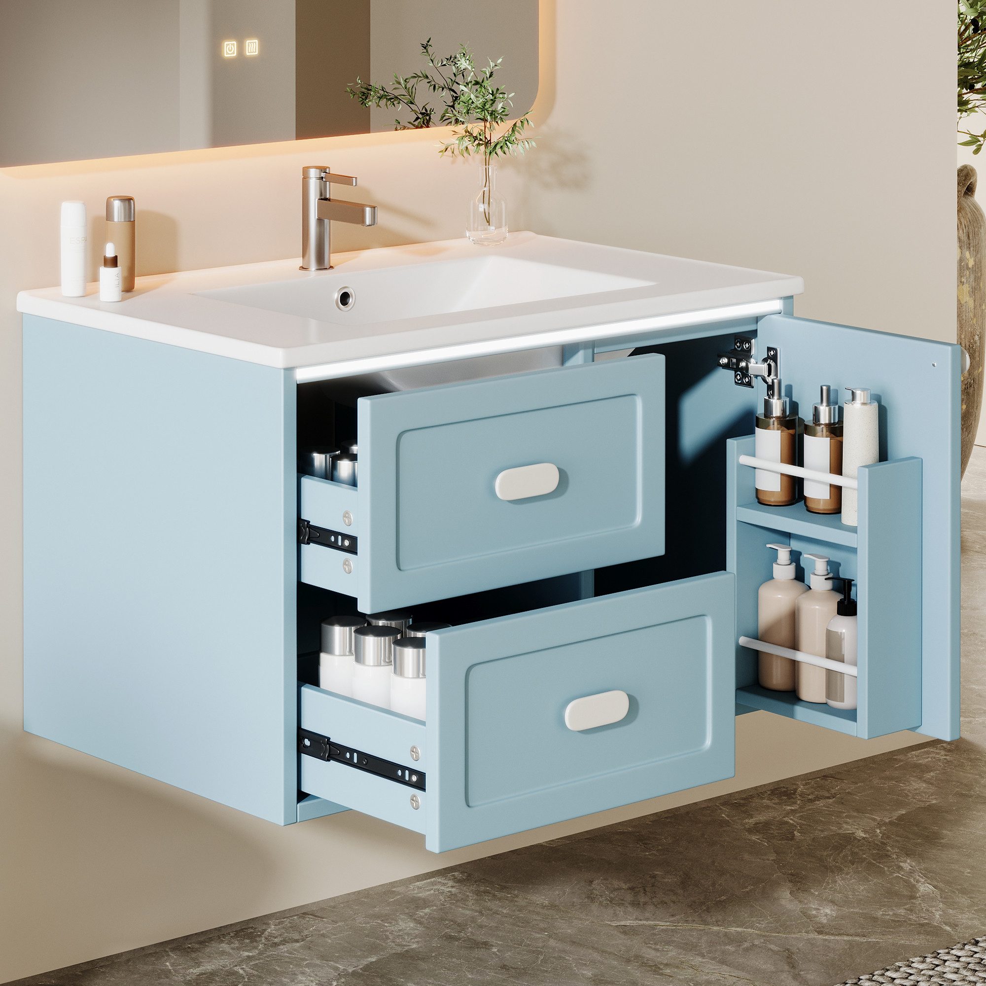 Merax Waschbeckenunterschrank Waschtischunterschrank, Badezimmer-Hängeschrank (1-St., Wandmontiert) mit Keramik-Waschbecken, 2 Schubladen, LED-Radarsensor-Beleuchtung