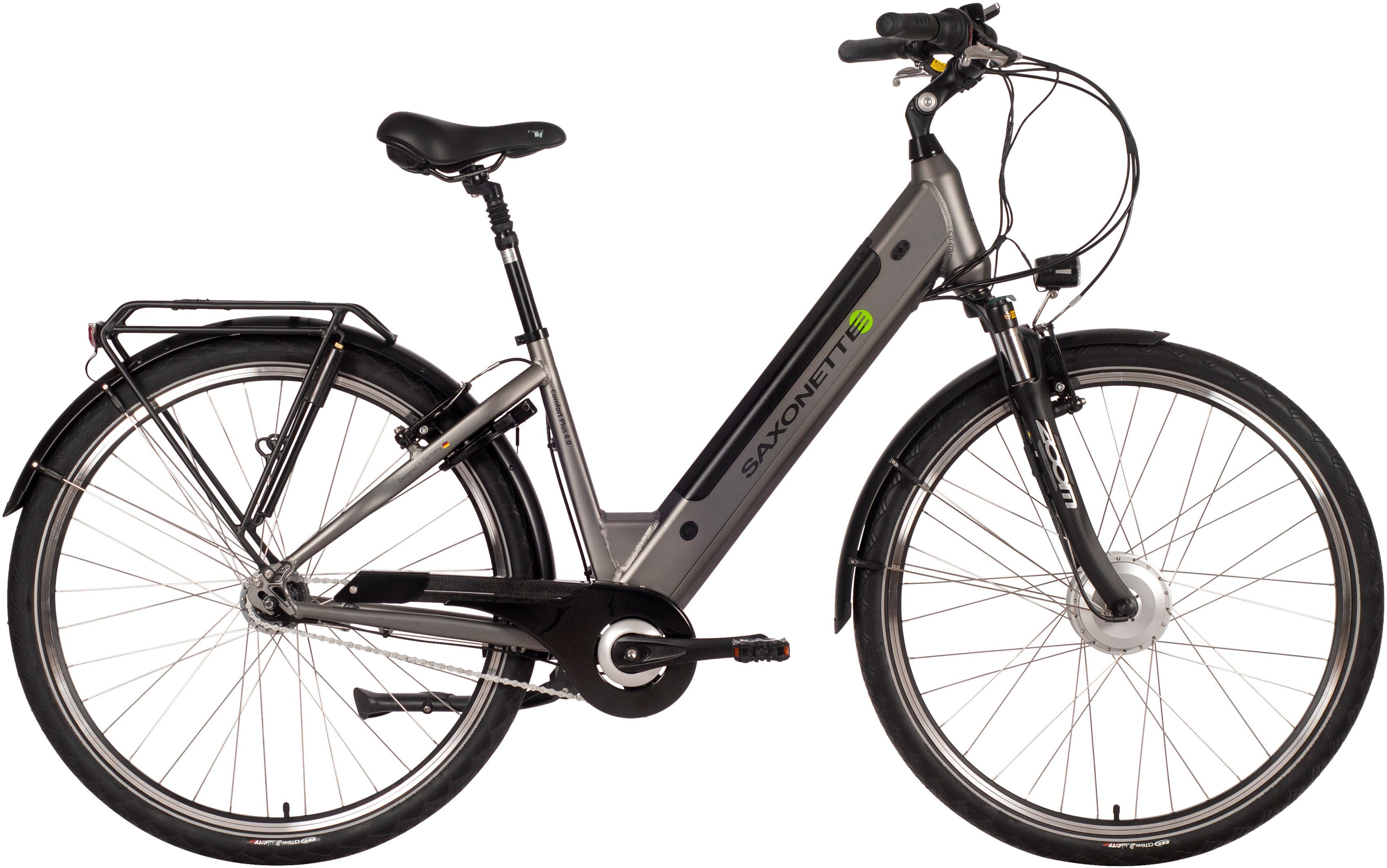 SAXONETTE E-Bike Comfort Plus 4.0, 7 Gang Shimano, Nabenschaltung, Frontmotor, 418 Wh Akku, E-Bike Citybike mit Rücktrittbremse, vollintegrierter Akku, Pedelec