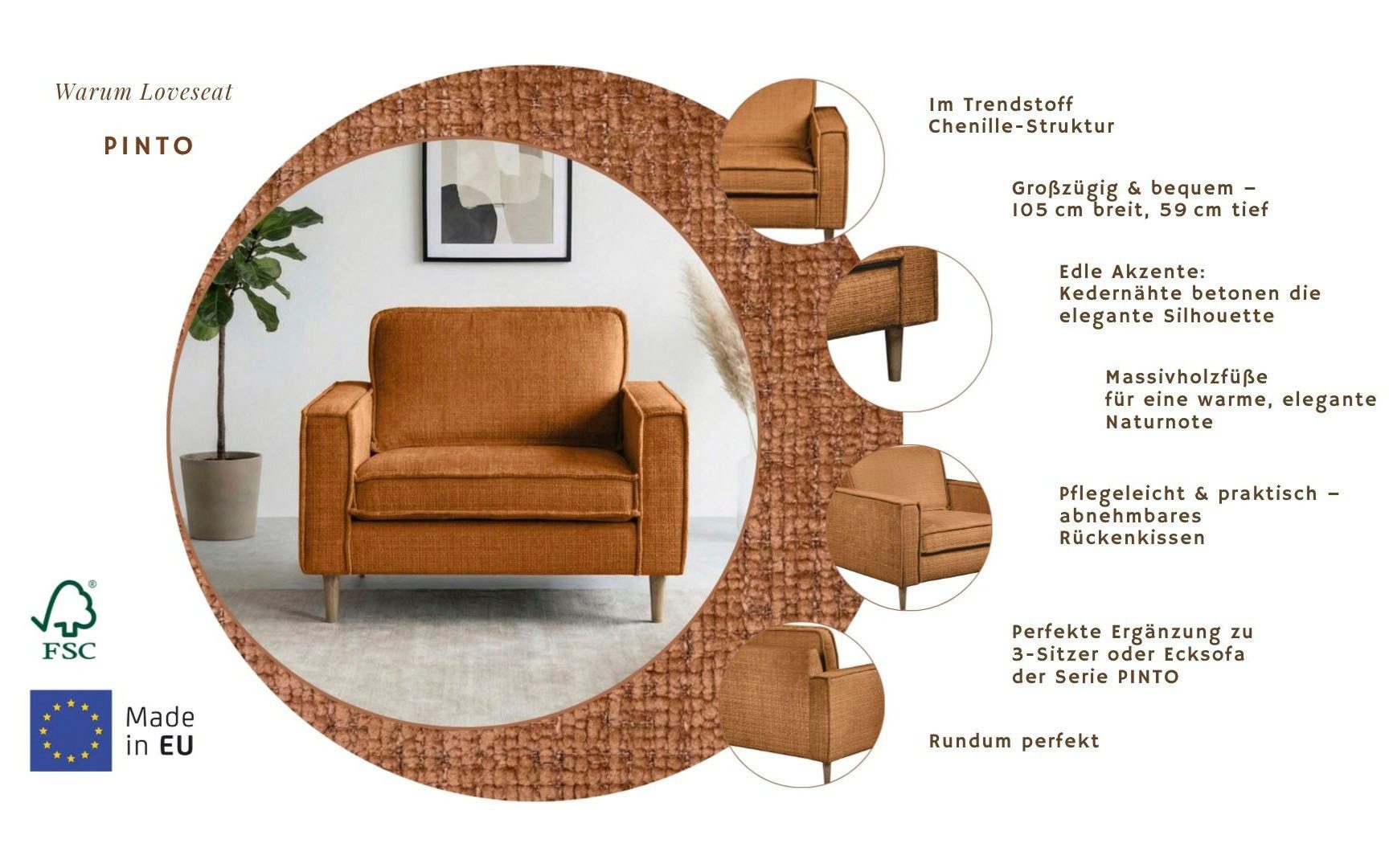 Home affaire Loveseat Pinto Skandi 105 cm, Chenille, Struktur, mit Keder, Massivholzfüße Eiche geräuchert