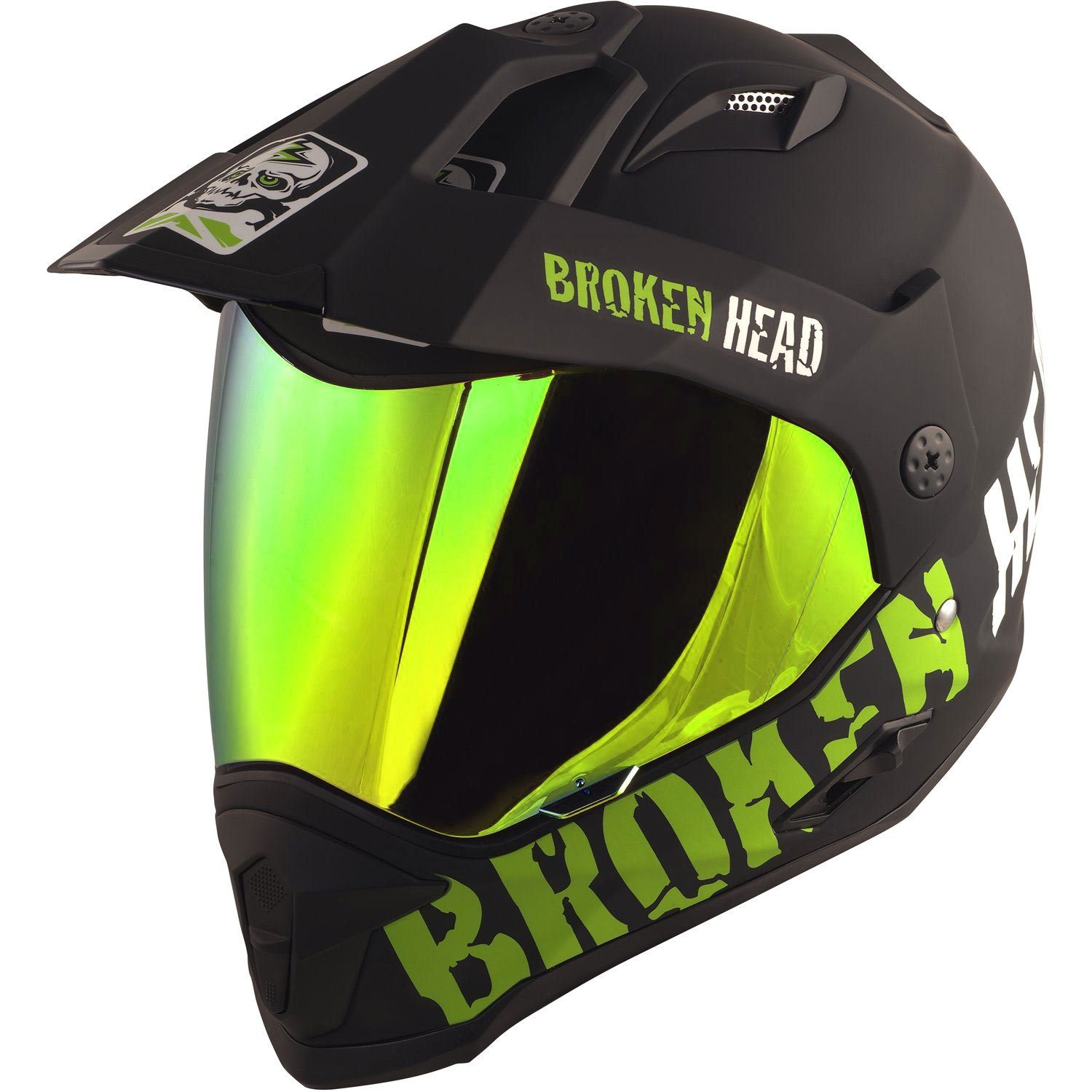 Broken Head Motorradhelm Made2Rebel grün (mit klarem und grün verspiegeltem Visier), inklusive Sonnenblende und 2 Visieren