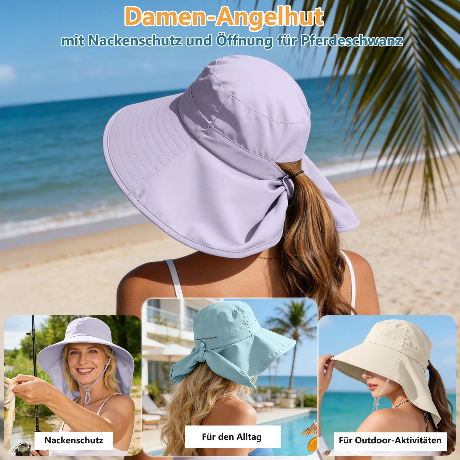 FOUORTUNATE-BEE Sonnenhut Sonnenhut für Damen mit Nackenschutz und Pferdeschwanzöffnung (rollbarer Damen-Sonnenhut, Anglerhut mit breiter Krempe)