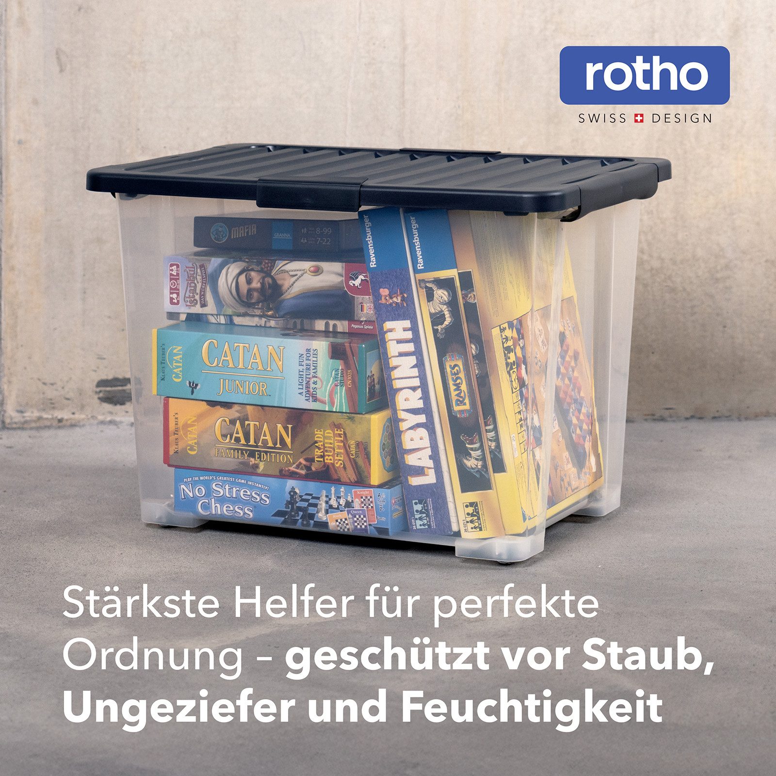 ROTHO Aufbewahrungsbox 4er-Set CORE PRO 65 L stapelbare Box mit gedichteter Deckel und Räder (Lagerboxen-Set, 4er-Set), roße Rollbox mit Dichtung ideal für Kleidung und Haushaltsartikel