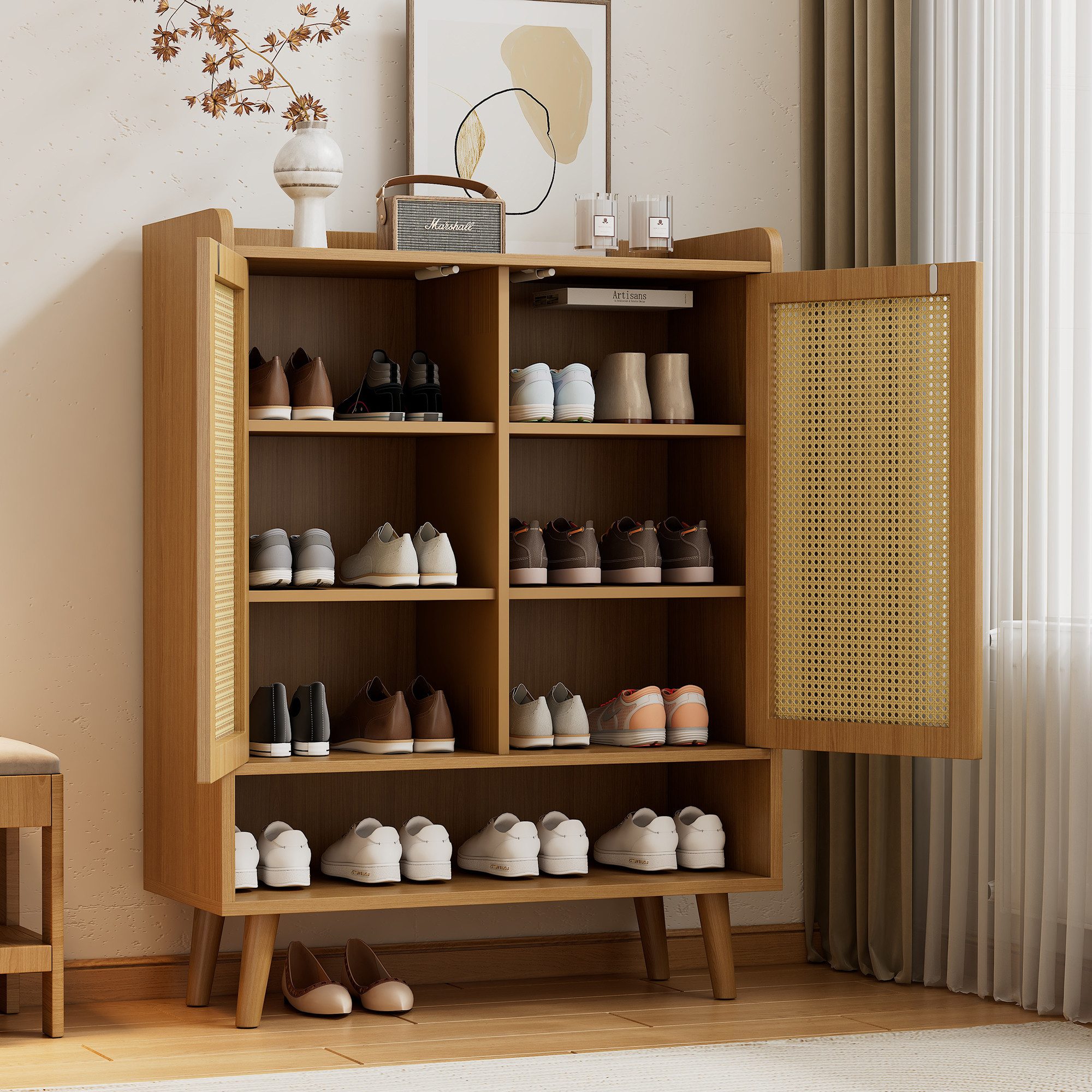 Merax Sideboard mit Rattantüren, Highboard,Kommode,Anrichte Landhaus,Höhe:105,2cm
