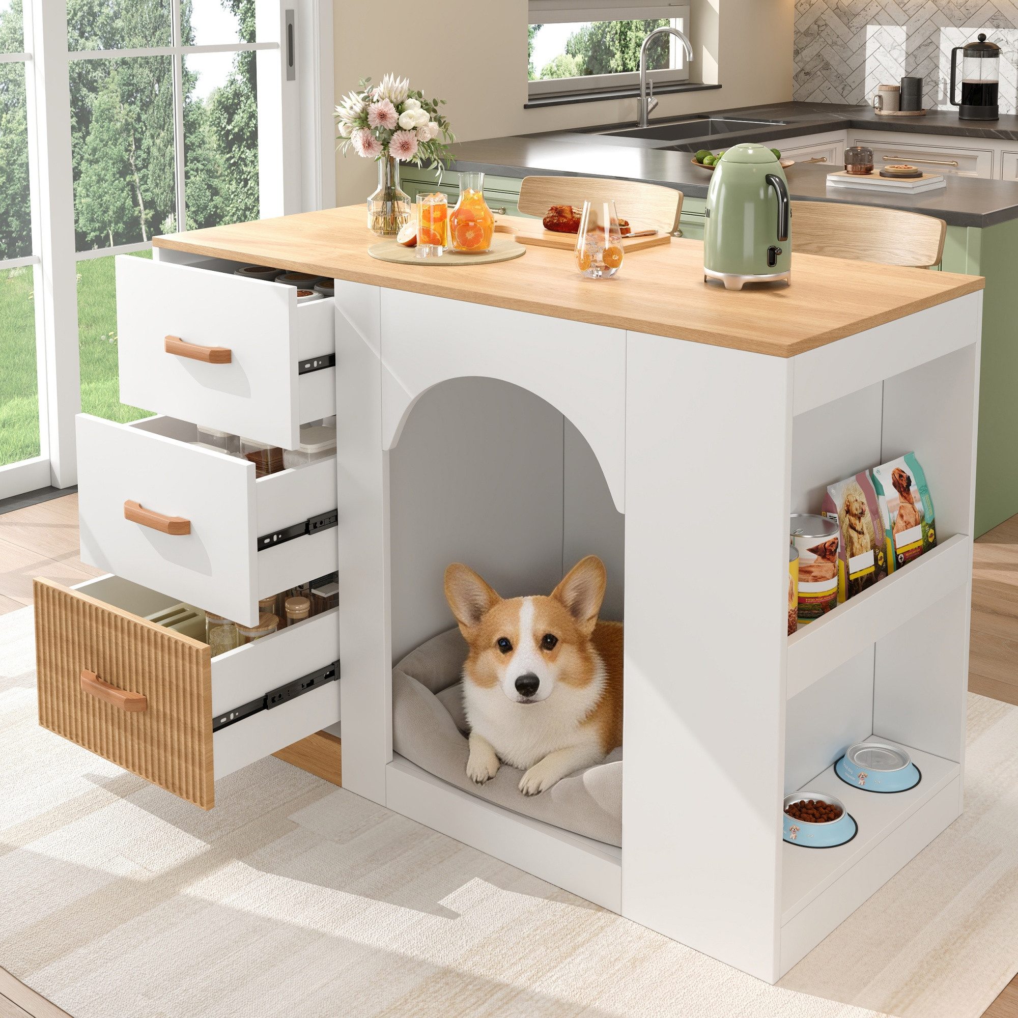 KEFEYA Kücheninsel mit Haustierbereich, 3 Schubladen & 2 Seitenablagen, (Küchenschrank für Familien mit Hund oder Katze, Küche & Essbereich, Weiß/Holzoptik)
