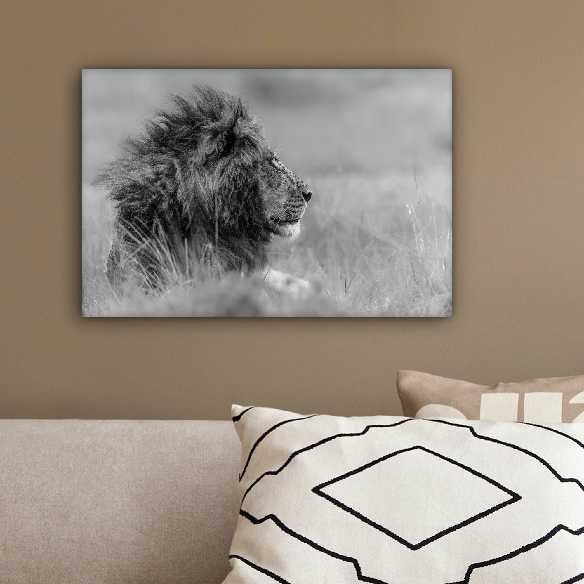 Leinwandbilder, - Natur, Löwe 30x20 Schwarz Leinwandbild Wandbild Aufhängefertig, Tiere - OneMillionCanvasses® cm - - St), (1 Weiß Wanddeko,