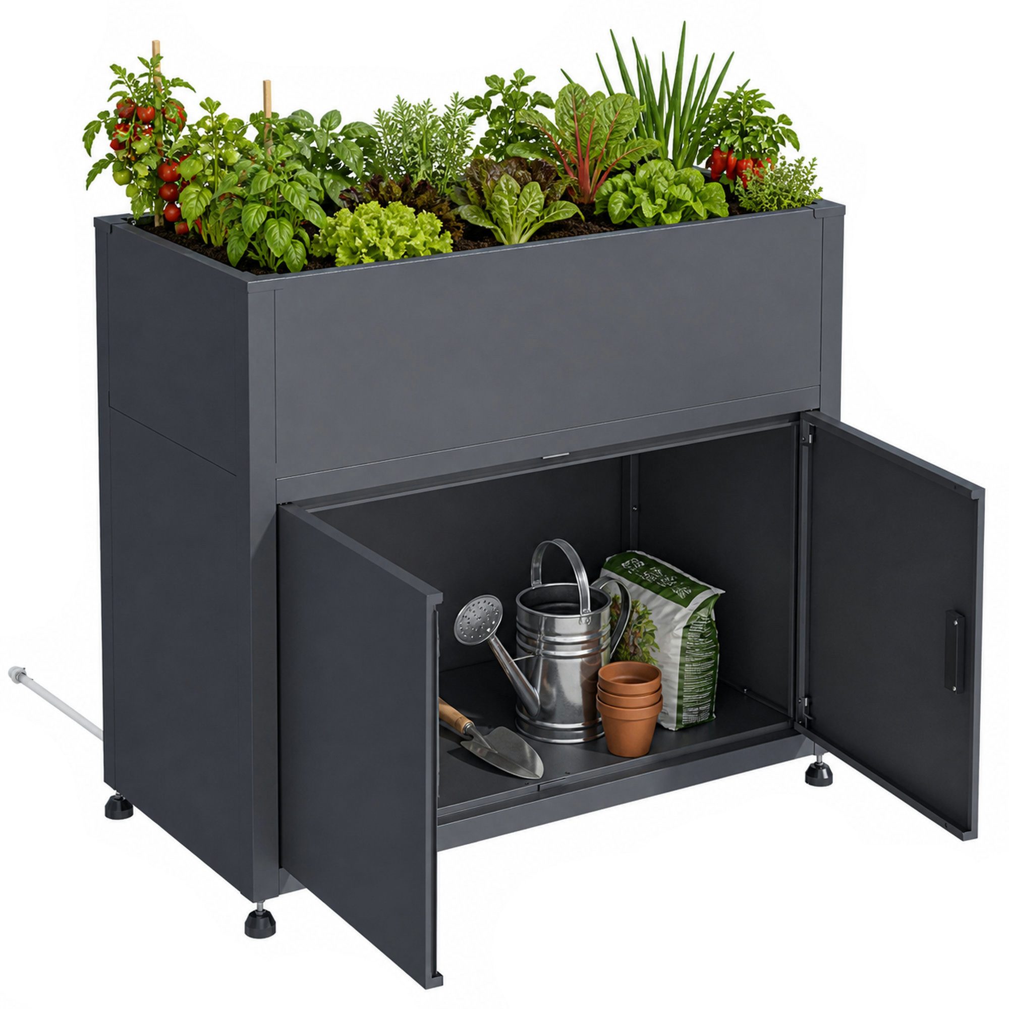 Zelsius Hochbeet verzinkter Stahl mit Stauraum 100 x 50 x 90 cm Anthrazit RAL 7016, Integriertes Drainagesystem gegen Staunässe