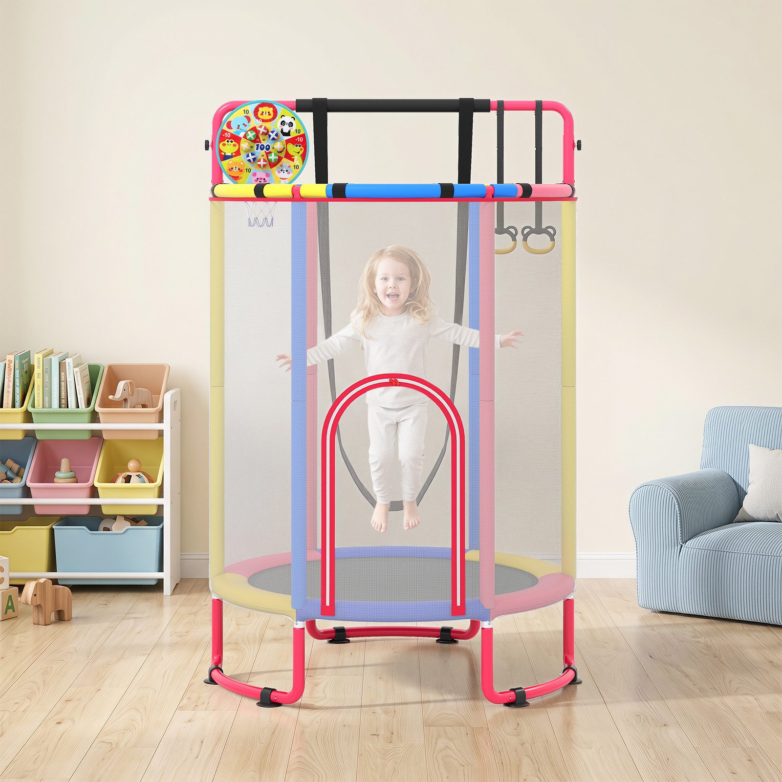 COSTWAY Kindertrampolin, Ø 140 cm, (1 tlg), Trampolin, Gartentrampolin mit Basketball & Bällen