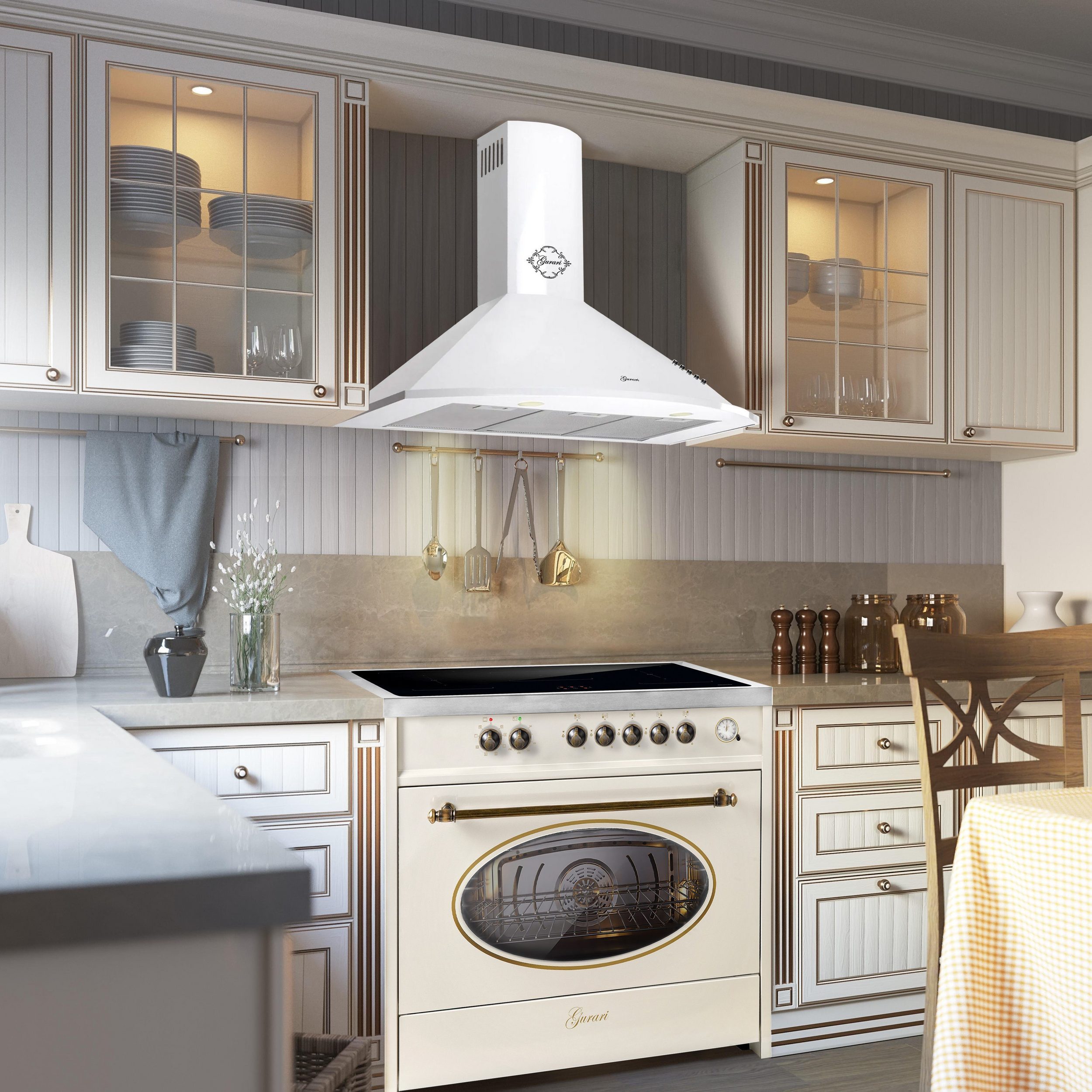 GURARI Induktions Herd-Set Retro Range Cooker 90 cm, FLEX ZONEN, Booster, 5 Zonen, 121L E 913 RU CR+Dunstabzugshaube 90 cm E 913 RU CR+GCH 046 WH 9., mit 1-fach-Teleskopauszug