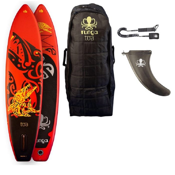 Runga-Boards Inflatable SUP-Board Runga TOA AIR 10.6 RED Stand Up Paddling SUP iSUP (Set 1 Runga TOA AIR 10.6 RED iSUP mit einem gepolsterten Trolley-Rucksack der Center-Finne und einer Coiled-Leash)