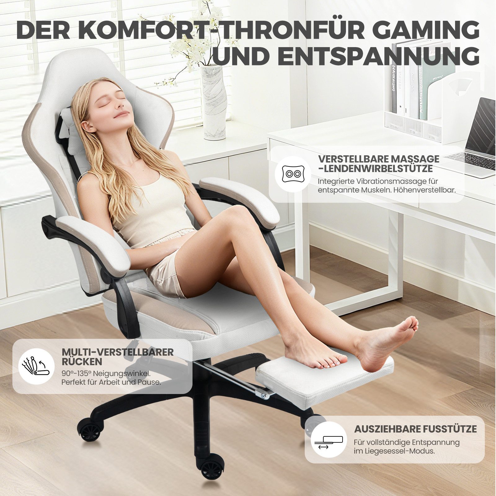 Dowinx Gaming-Stuhl Stoff mit Taschenfederkissen, Gaming Sessel mit Fußstütze, Ergonomischer Bürostuhl – Bild 5 von 5