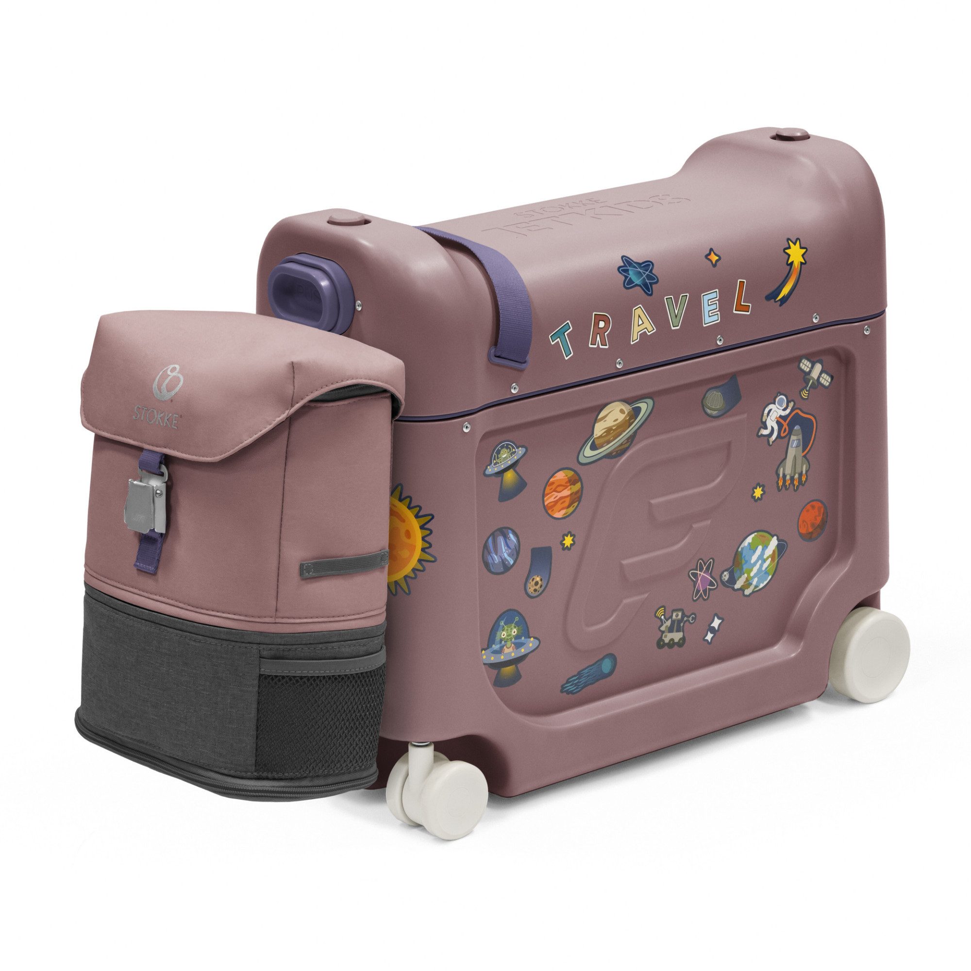 Stokke Kinderkoffer JetKids Reiseset - Enthält Aufsitzkoffer & Bordbett + Crew Backpack, 4 Rollen, Ideal für kurze und lange Reisen