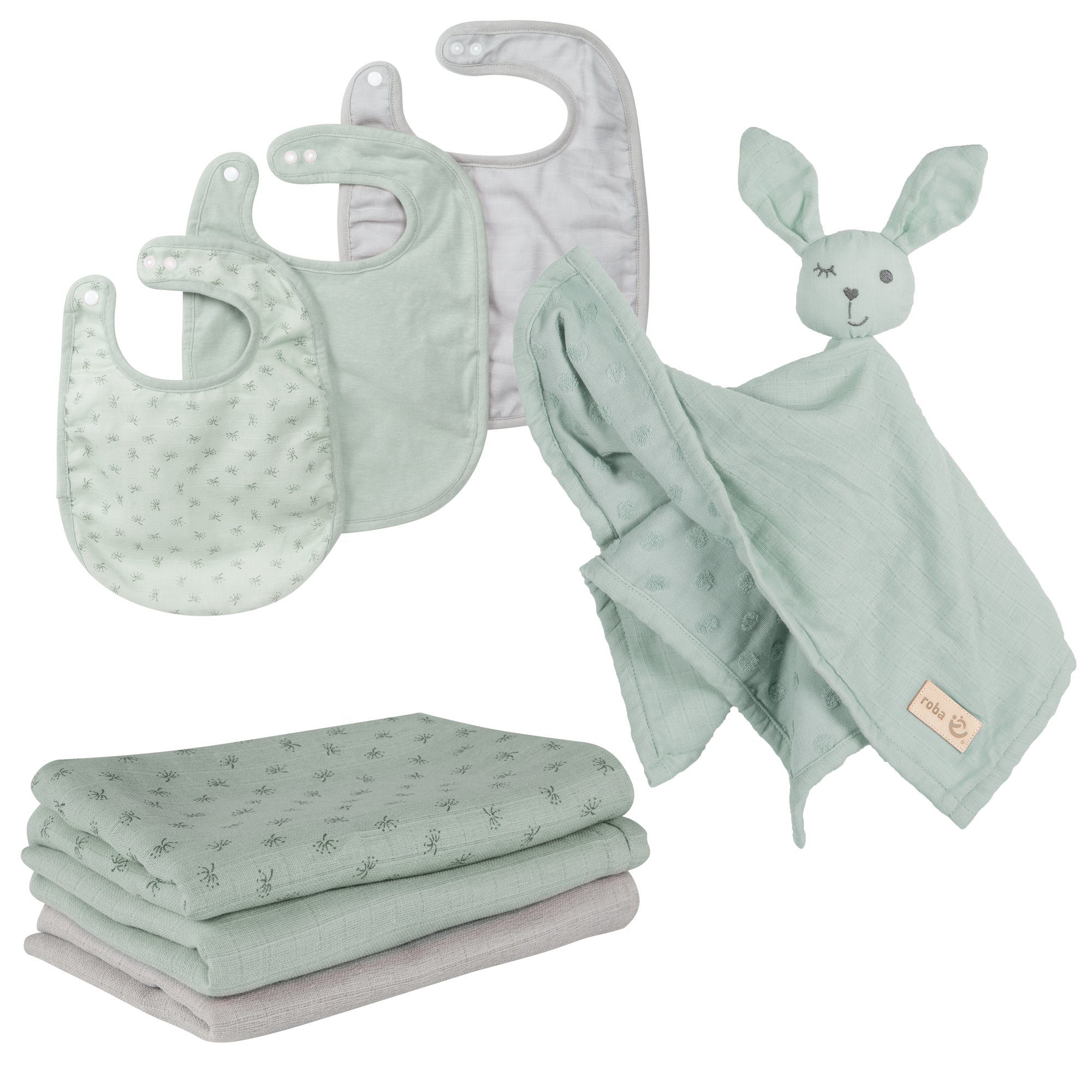 roba® Neugeborenen-Geschenkset Lil Planet 3 Lätzchen, 3 Windeln und ein Schmusetuch mit Häschengesicht frosty green