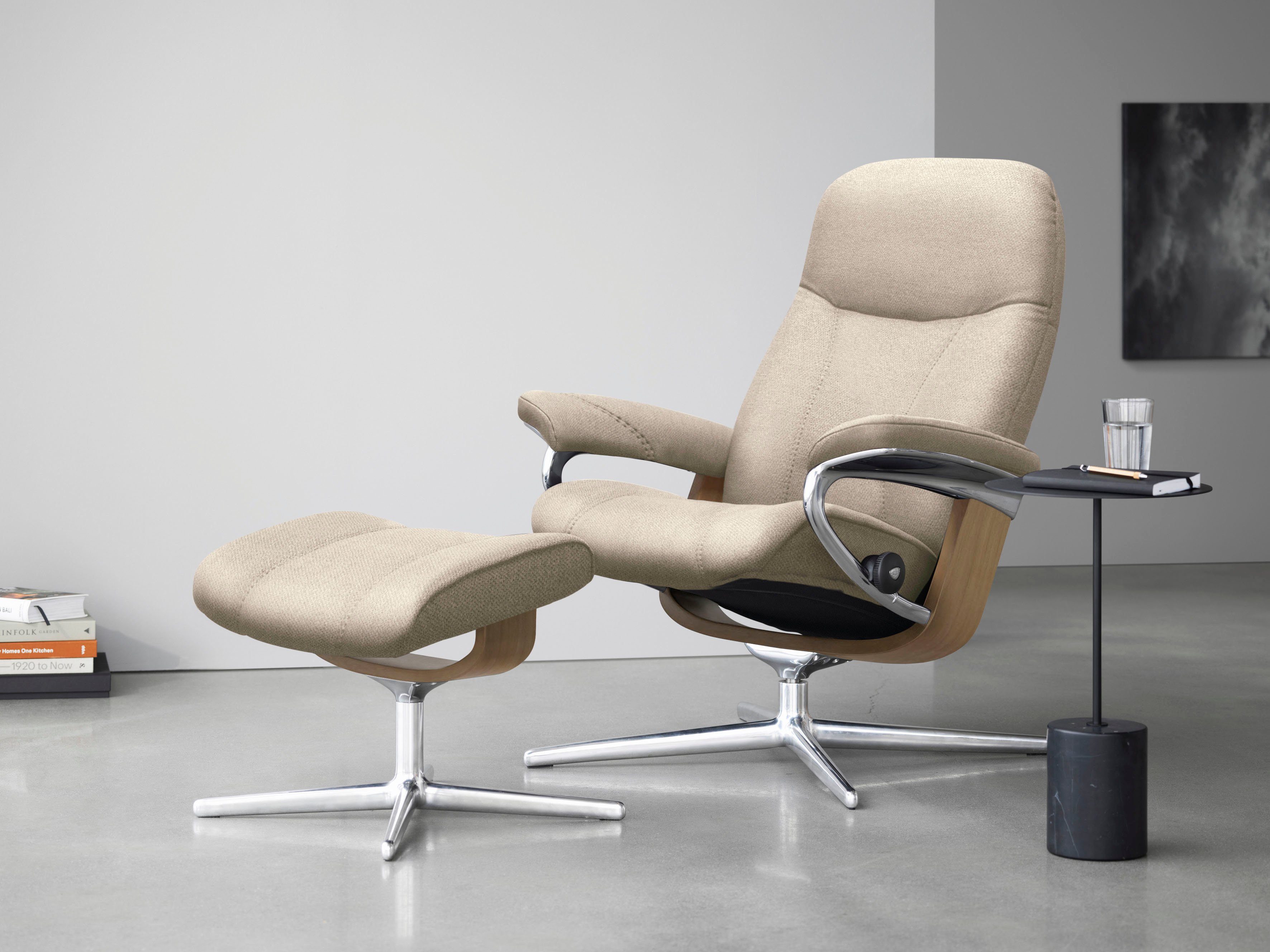 Stressless® Consul mit Hocker), Holzakzent M mit Relaxsessel Base, Relaxsessel Hocker, mit S, L, Eiche & Cross (Set, Größe