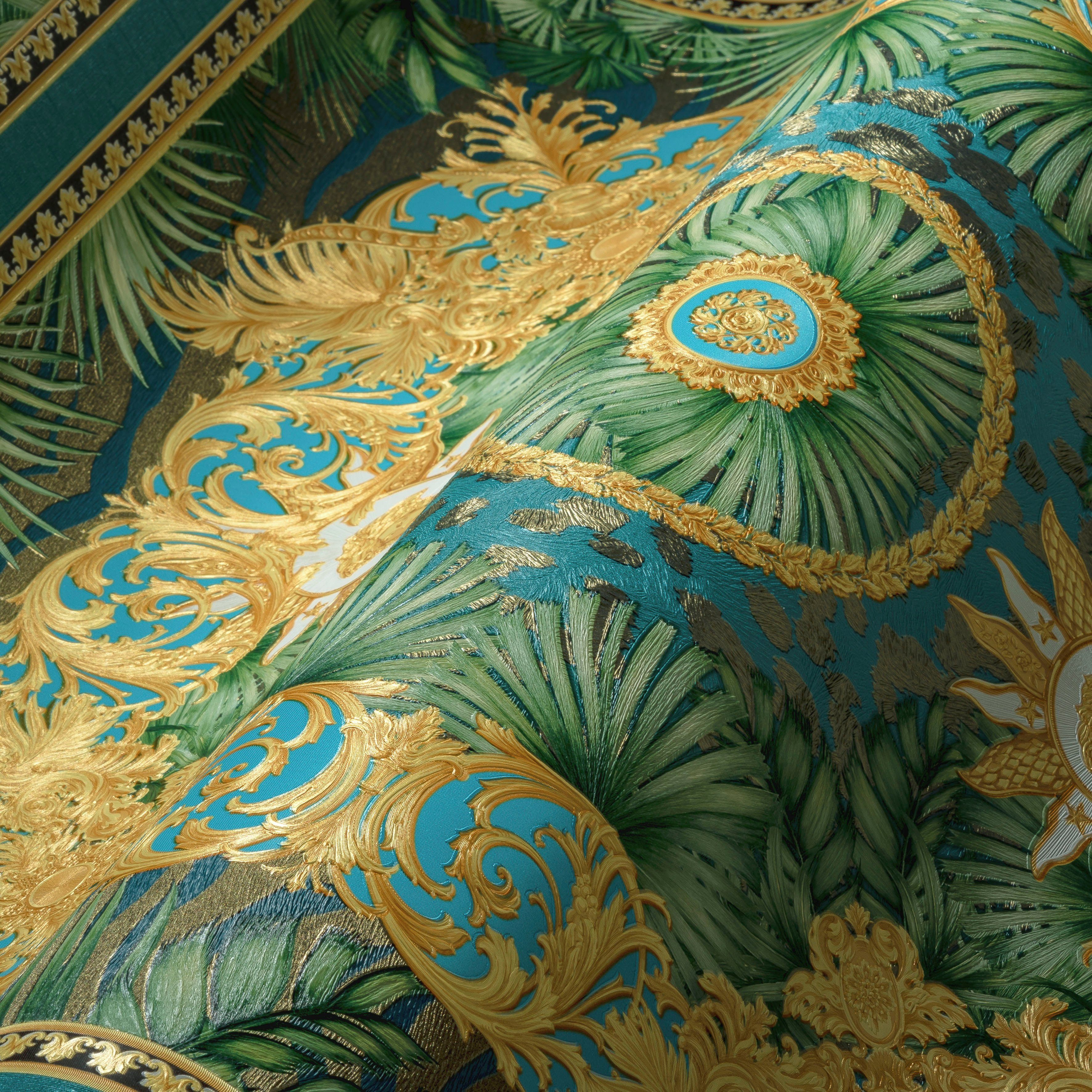 St), leicht glänzend, Wallpaper 5 blau/goldfarben/grün Vliestapete auffallende Design, (1 leicht Versace Fliesen-Tapete Dschungel strukturiert, Versace