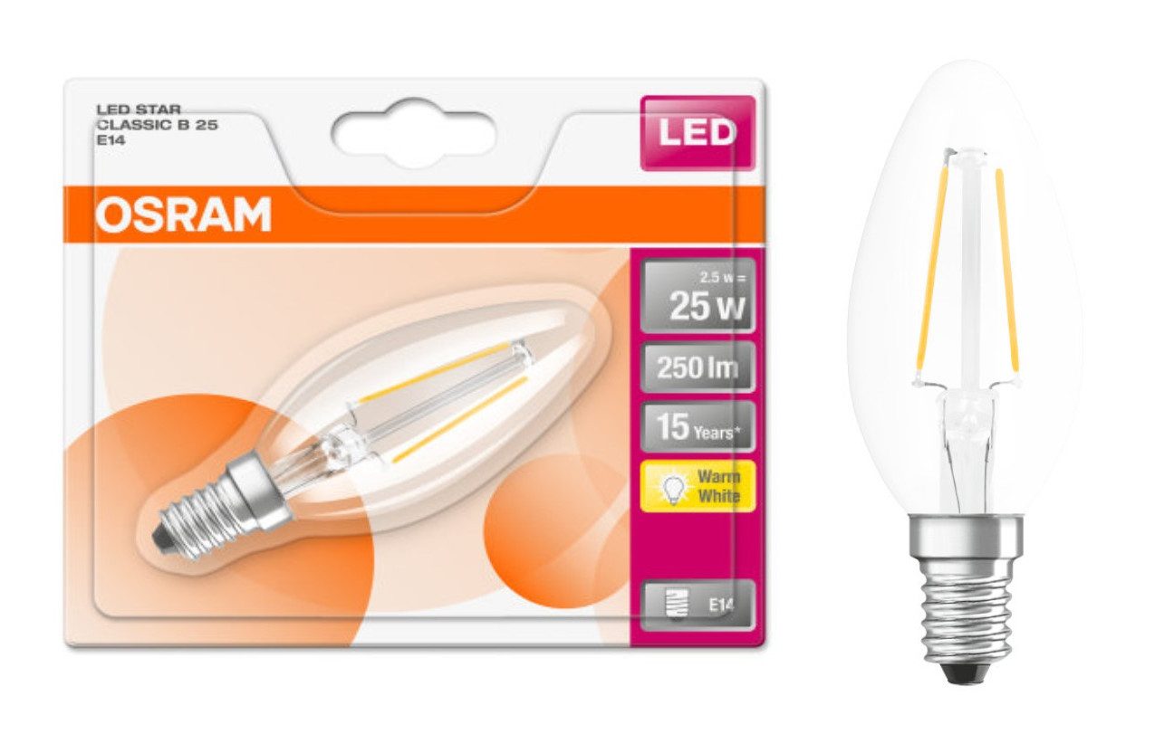 Ledvance LED-Leuchtmittel Osram LED E14 B35 Kerze Filament 2W = 25W Klar 250lm Warmweiß 2700K, E14, Warmweiß, Filament klar