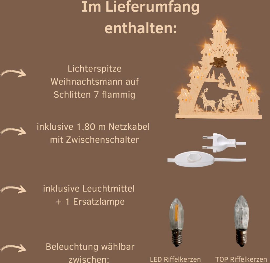 Weigla LED Schwibbogen Weihnachtsmann auf Schlitten, Lichterspitze aus Holz, Made in Germany (1-tlg), Erzgebirge garantiert, Weihnachtsdeko Innen, Weihnachtsbeleuchtung