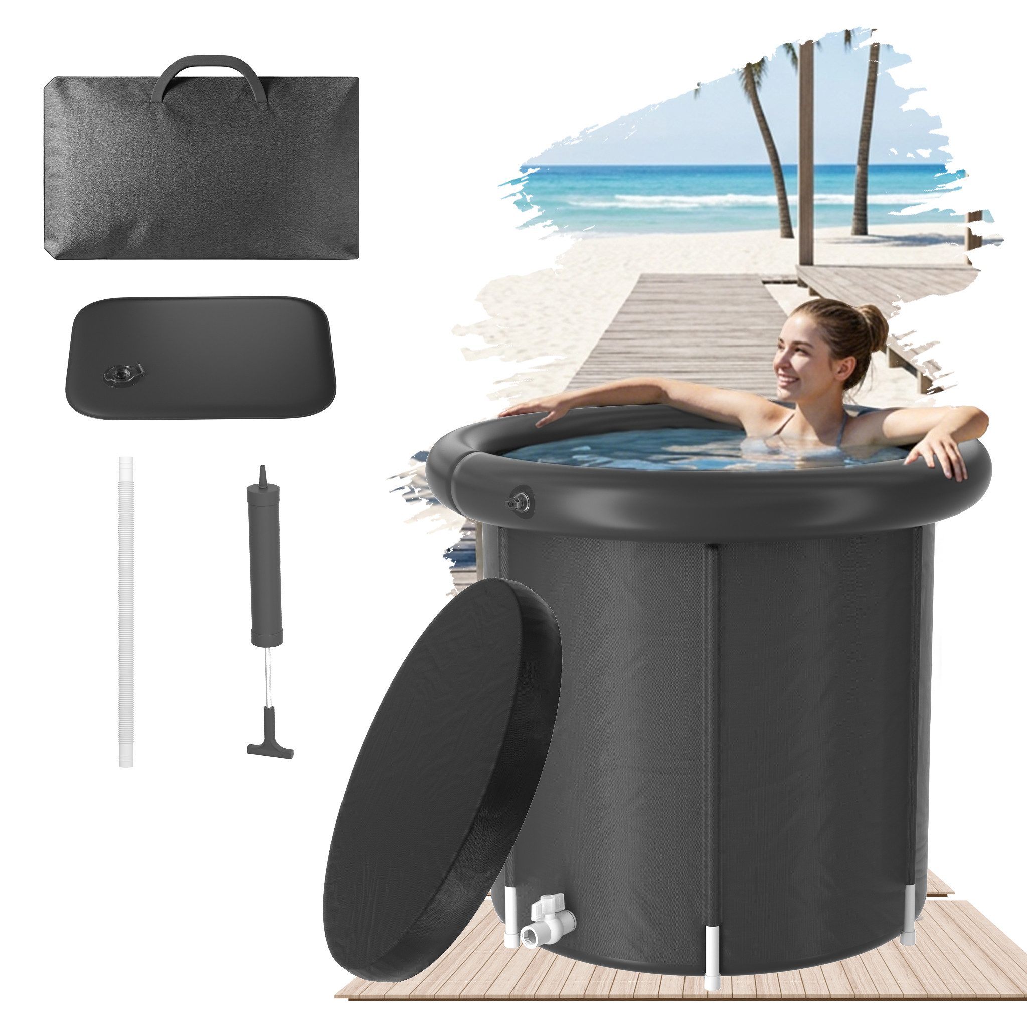 FIVMEN Badewanne Faltbares Eisbad für Erwachsene mit Abdeckung Ø 80cm, Mit Nackenstützring und Wasserpolster, Inkl. Handpumpe, 6 Stützstangen