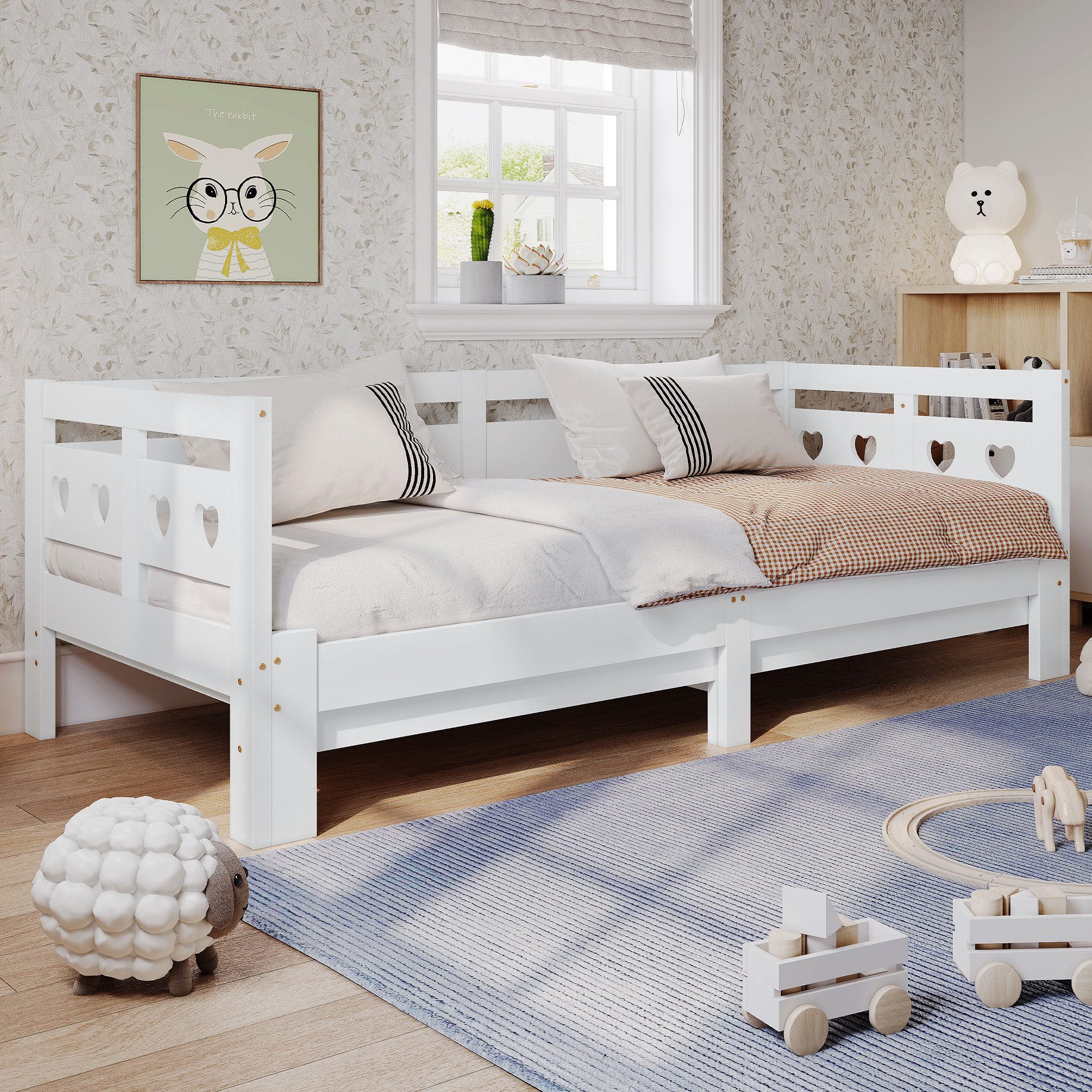 MODFU Daybett mit Stauraum, erweiterbarer Bettrahmen aus Kiefernholz (98-187x206x66cm,ohne-Matratze), mit romantischem Design