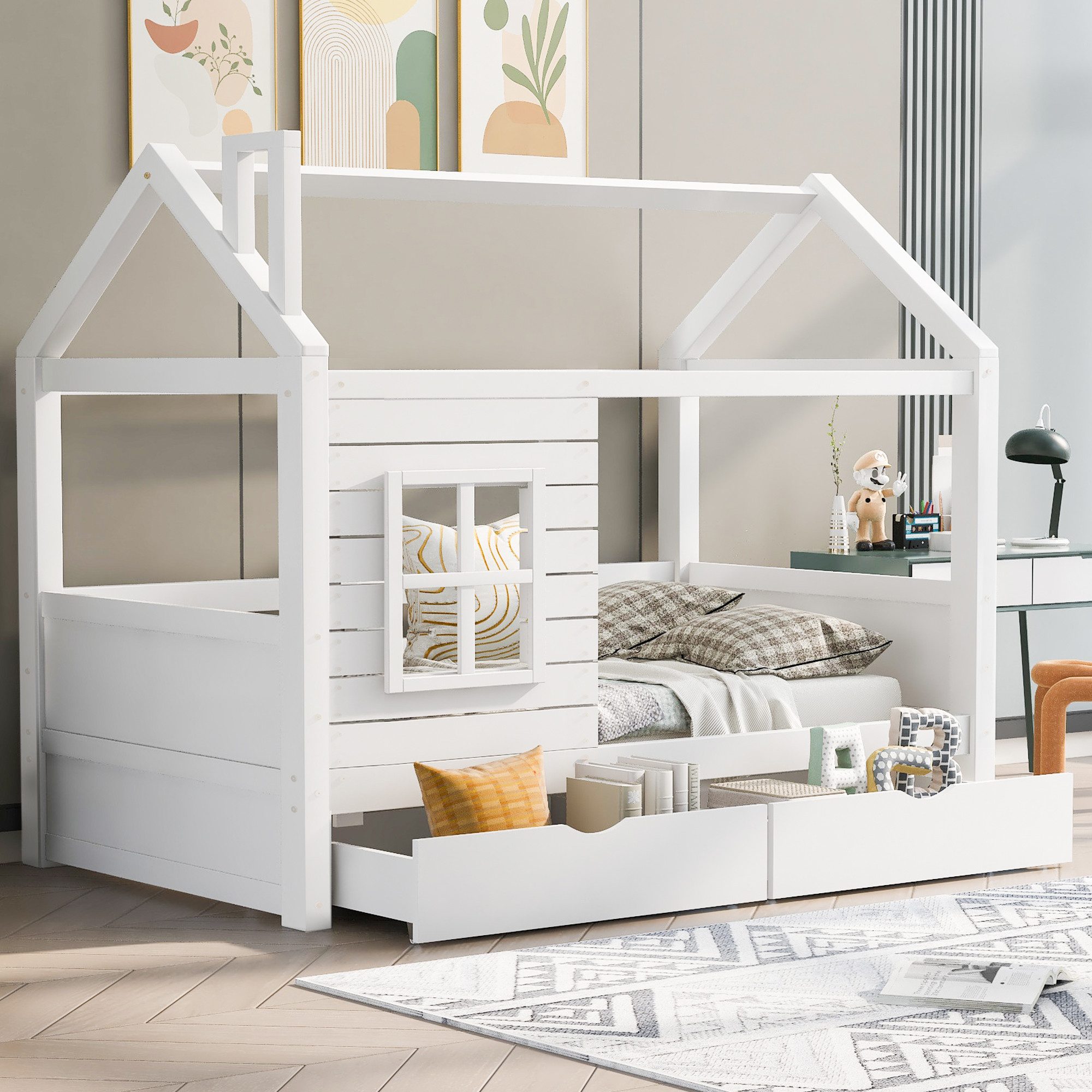 Odikalo Kinderbett Jugendbett Massivholzbett Rausfallschutz Fenster 80/90x160/200cm Weiß