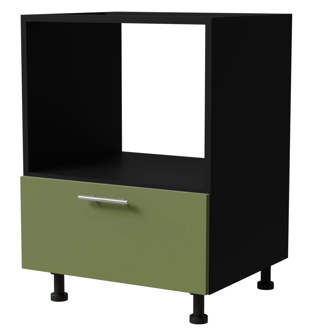 Feldmann-Wohnen Ofenumbauschrank Brerra (1 Gerätefach für Kompaktöfen, 1 Schublade, Blum Metabox Teilauszug, 1-St., moderne Optik, lackierte Fronten, 60x50x82cm, D11K/60/M Kompakt) schwarz / RAL 6025 farngrün matt