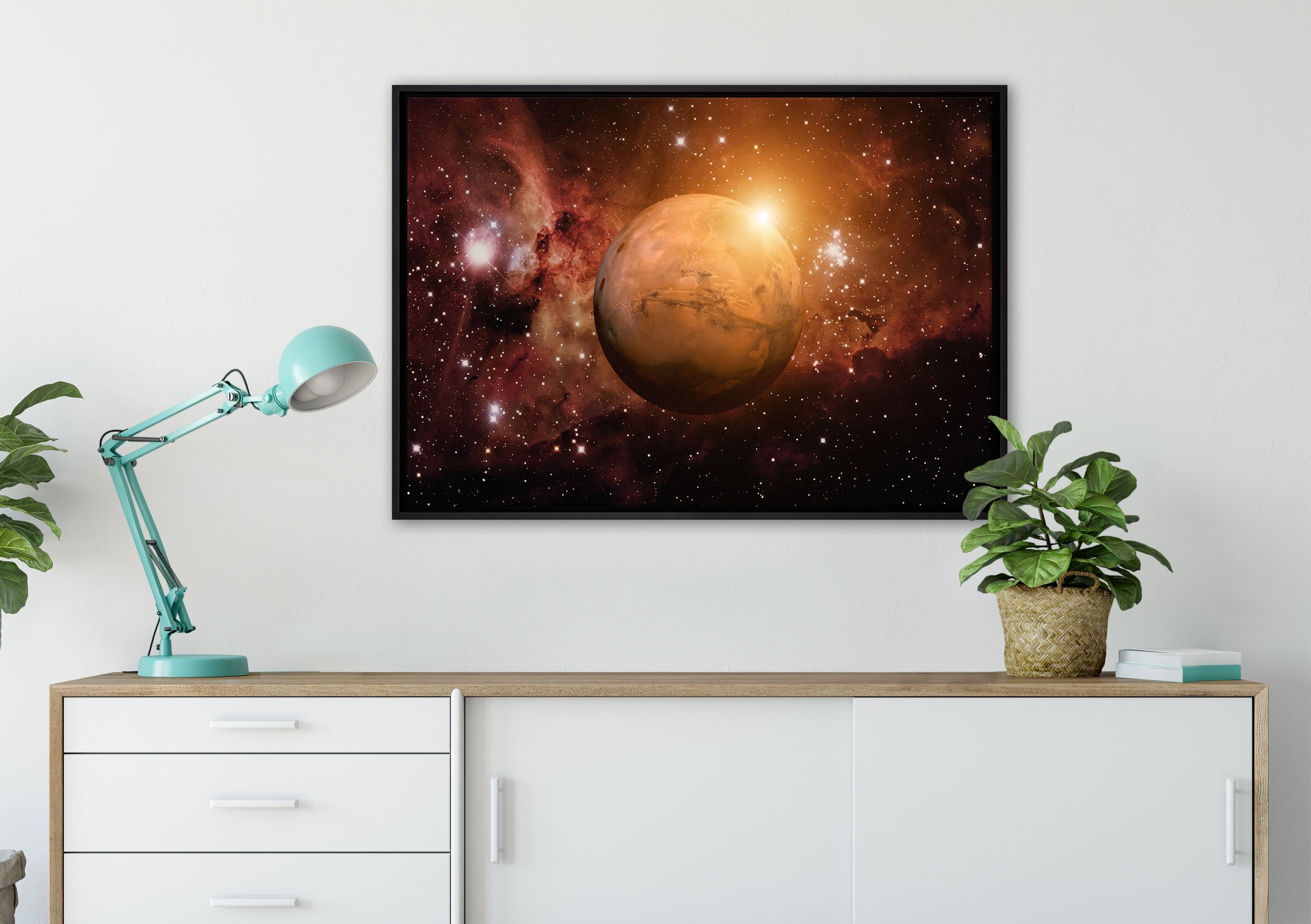 Pixxprint Leinwandbild Planet Mars Leinwandbild einem Universum, gefasst, in bespannt, Schattenfugen-Bilderrahmen inkl. Wanddekoration im Zackenaufhänger St), fertig (1