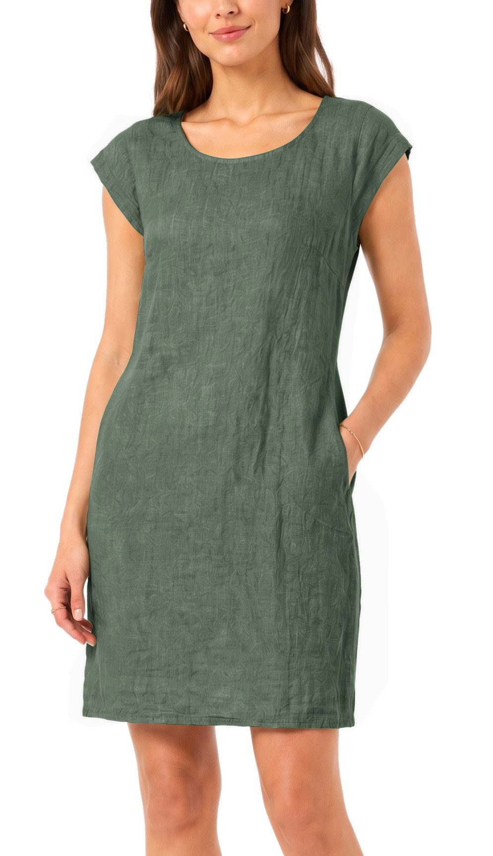 dy_mode Midikleid Einfarbiges Damen Leinenkleid Sommerkleid Kurzarm Midi Kleid in Unifarbe, mit Eingriffstaschen, leicht taillierte Passform