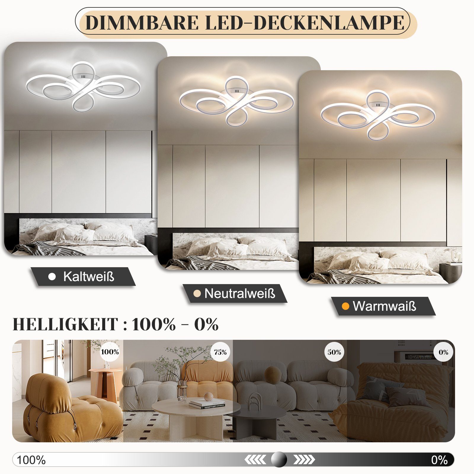 ZMH LED Deckenleuchte Dimmbar - Wohnzimmerlampe 80cm Wohnzimmer 78W Modern, LED fest integriert, 3000-6000k