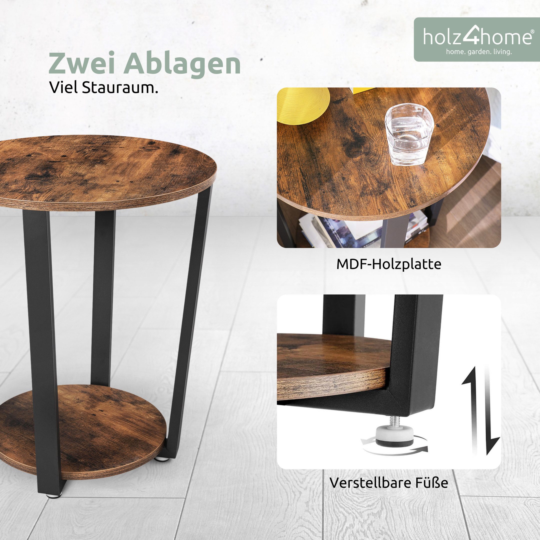 holz4home® Couchtisch Lorie Wohnzimmertisch Rund mit Ablage 50x57 cm I Industrial-Look Braun, Einfache Montage