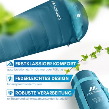 Nordmut Mumienschlafsack Sommerschlafsack Ultraleicht & kompakt [100 GSM] kleines Packmaß, Sleeping Bag koppelbar, [900g] ideal für Outdoor, Camping und Reisen