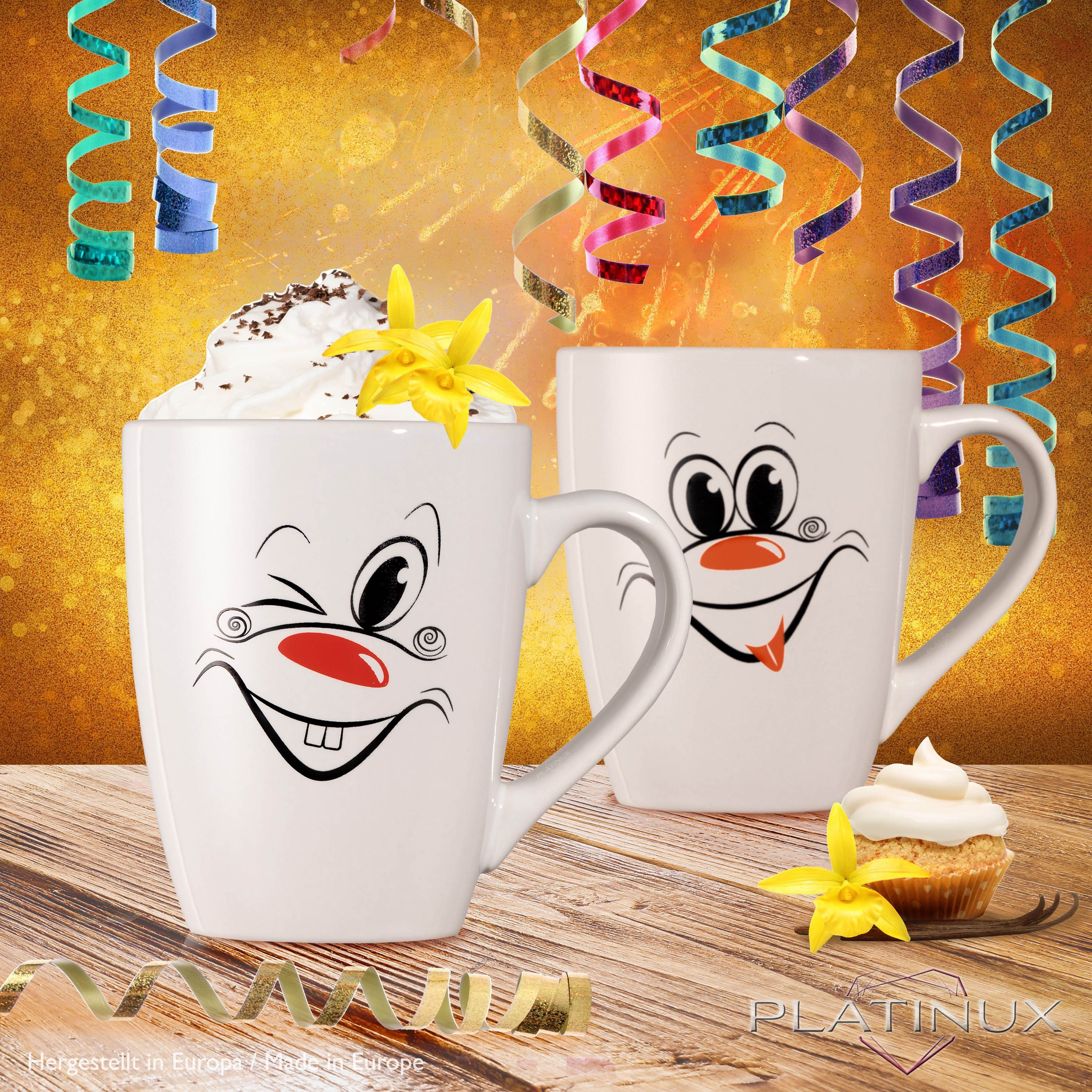 Teebecher Kaffeetassen, 250ml Karneval Keramik, Lustig PLATINUX Set Kaffeebecher Tasse Gesichter Teetasse Lustige Motiv mit