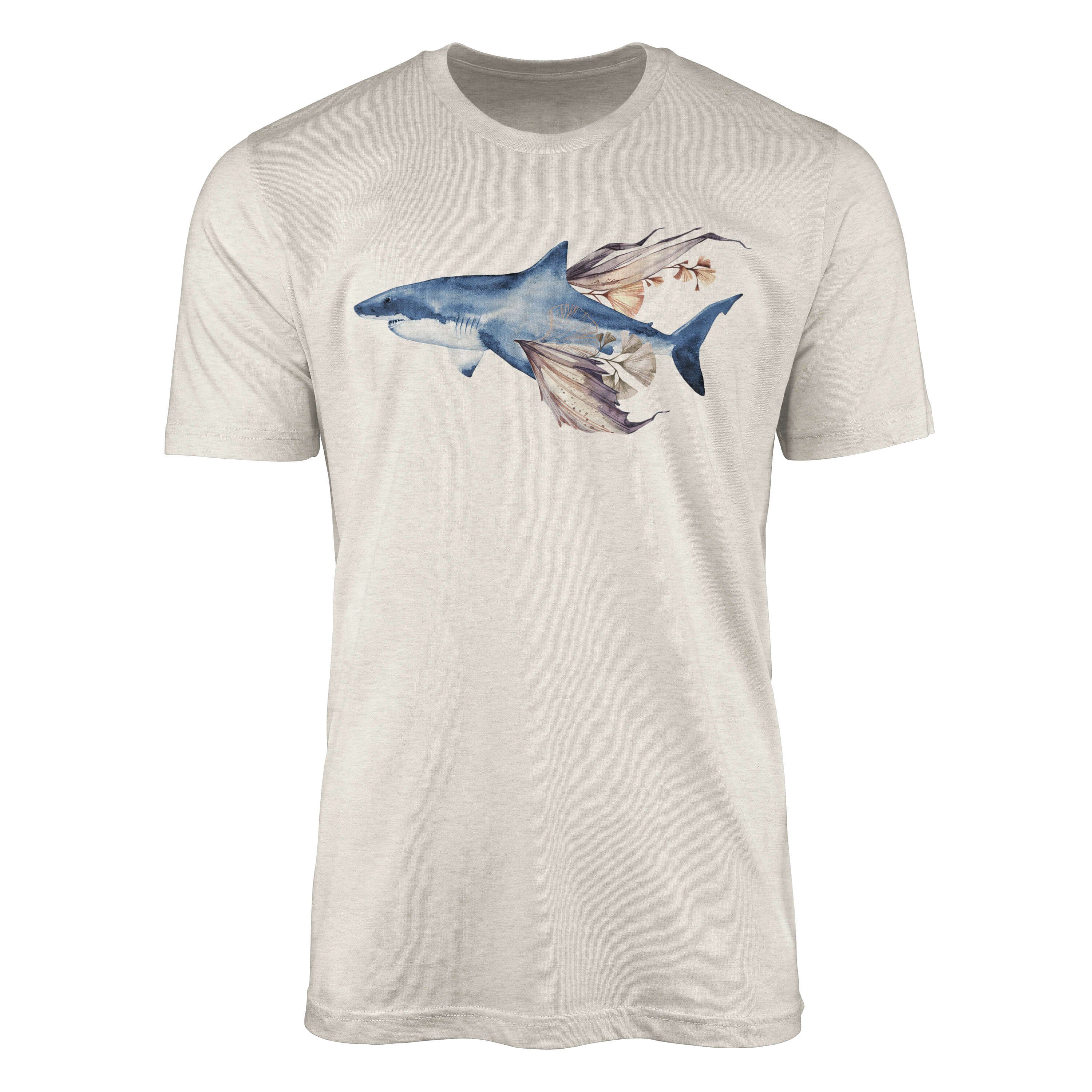 (1-tlg) Motiv weißer Ökomode 100% Herren a Bio-Baumwolle Art Wasserfarben gekämmte Sinus Shirt T-Shirt Hai Nachhaltig T-Shirt