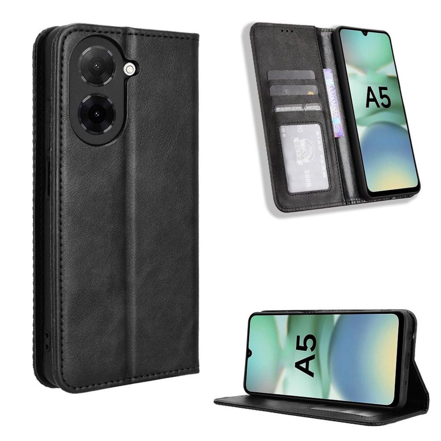 Wigento Handyhülle Für Xiaomi Redmi A5 4G Poco C71 Wallet Kunstleder Hülle Retro Schwarz, Kunstleder Book Hülle mit Kartenfächern und Magnetverschluss