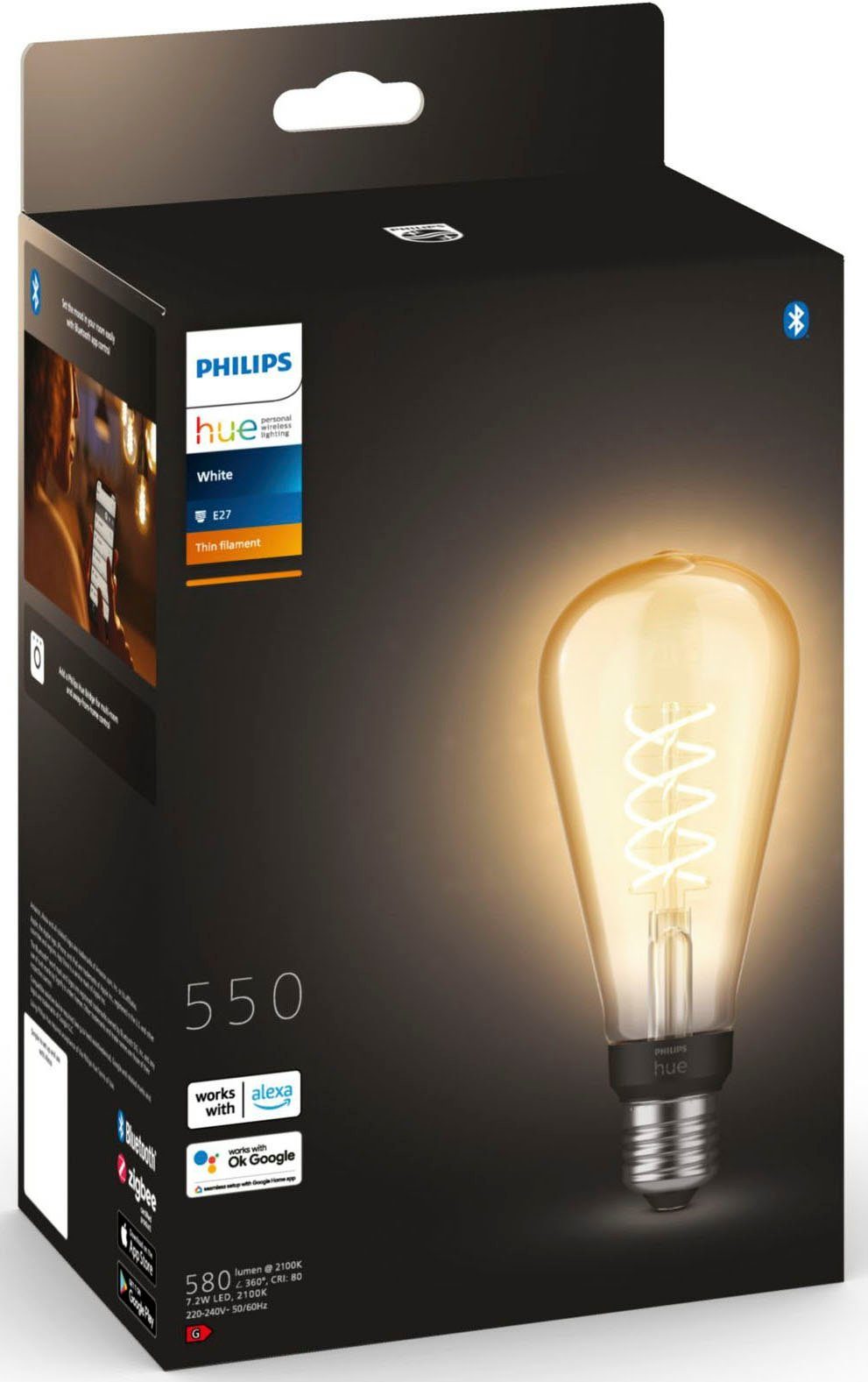 550lm, St., E27 Hue E27, 1 Filament ST72 Warmweiß LED-Filament Philips White