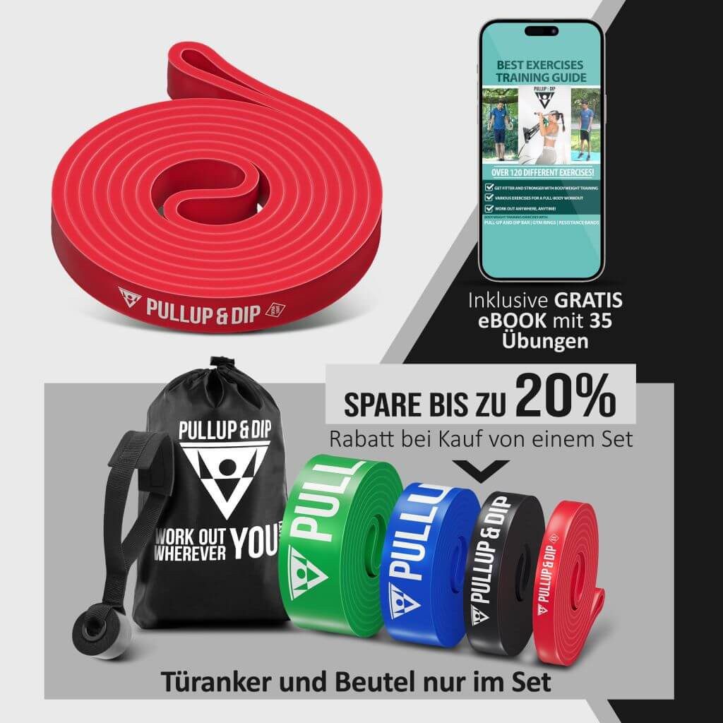 Pullup & Dip Trainingsband Fitnessbänder mit Tasche, Türanker (bei Sets) und Übungsguide