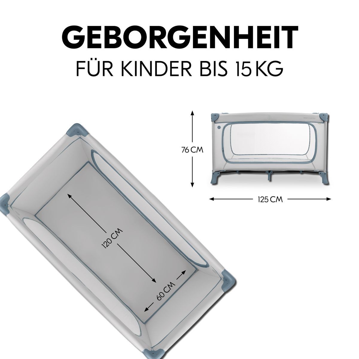 Hauck Baby-Reisebett Dream N Play Plus Set - Dusty Blue, Kinder Babyreisebett mit großem Eingang, Matratze, Moskitonetz faltbar