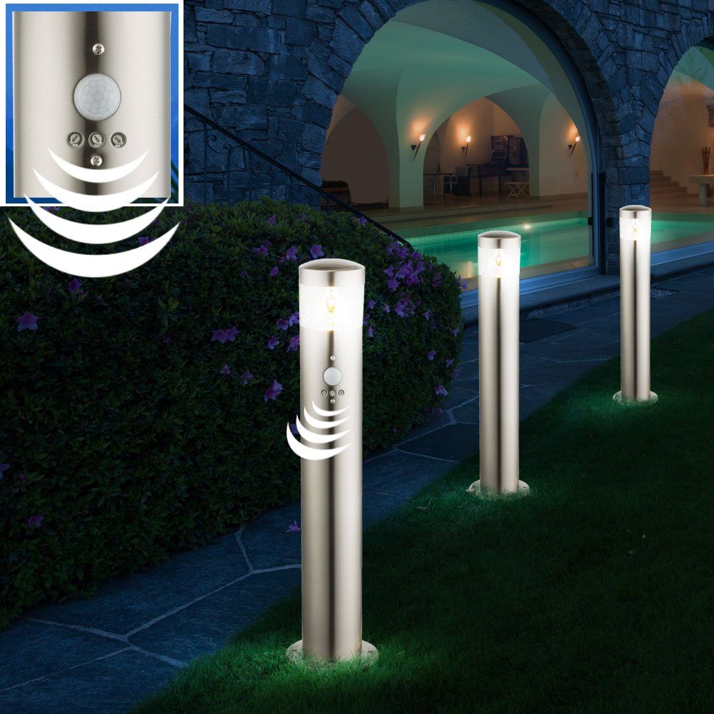 etc-shop LED Außen-Stehlampe, Leuchtmittel inklusive, Warmweiß, 3er Set LED Außen Steh Lampen Bewegungs Melder Edelstahl