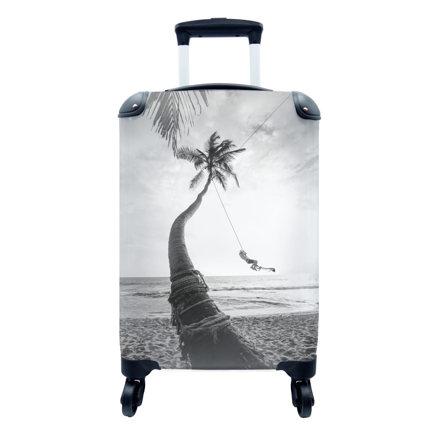 MuchoWow Handgepäckkoffer Schaukel auf einer Palme in Sri Lanka - schwarz und weiß, 4 Rollen, Reisetasche mit rollen, Handgepäck für Ferien, Trolley, Reisekoffer