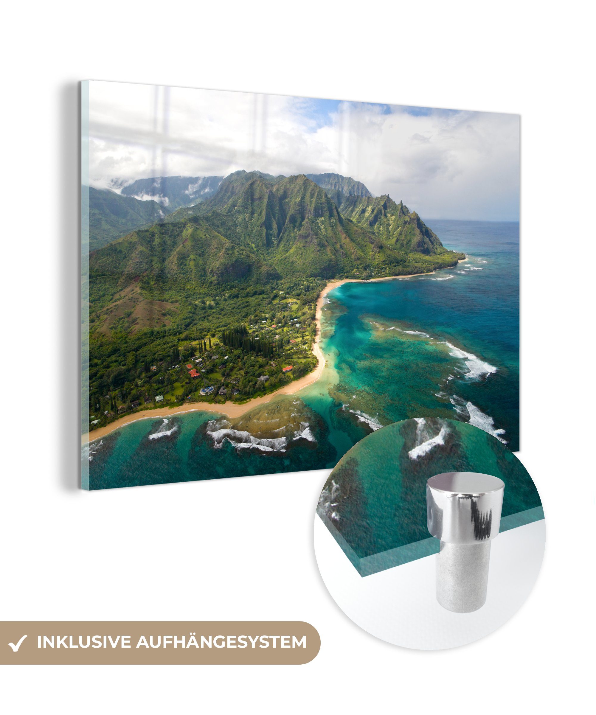 MuchoWow Acrylglasbild Ein Luftbild der Nordküste von Kauai auf Hawaii, (1 St), Acrylglasbilder Wohnzimmer & Schlafzimmer