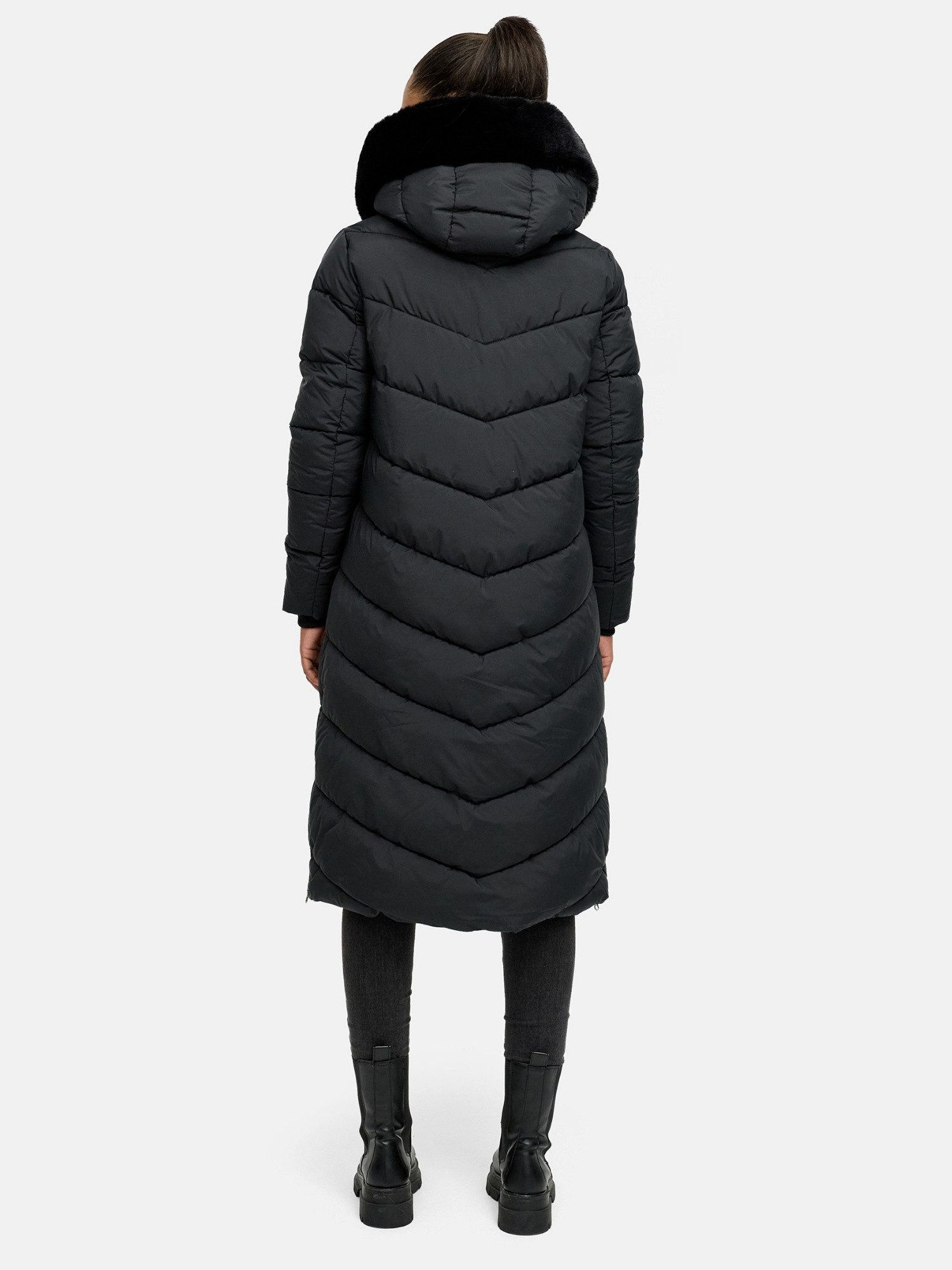 Tazzio Wintermantel F801 mit Kapuze, Chevron-Steppmantel in Wadenlänge