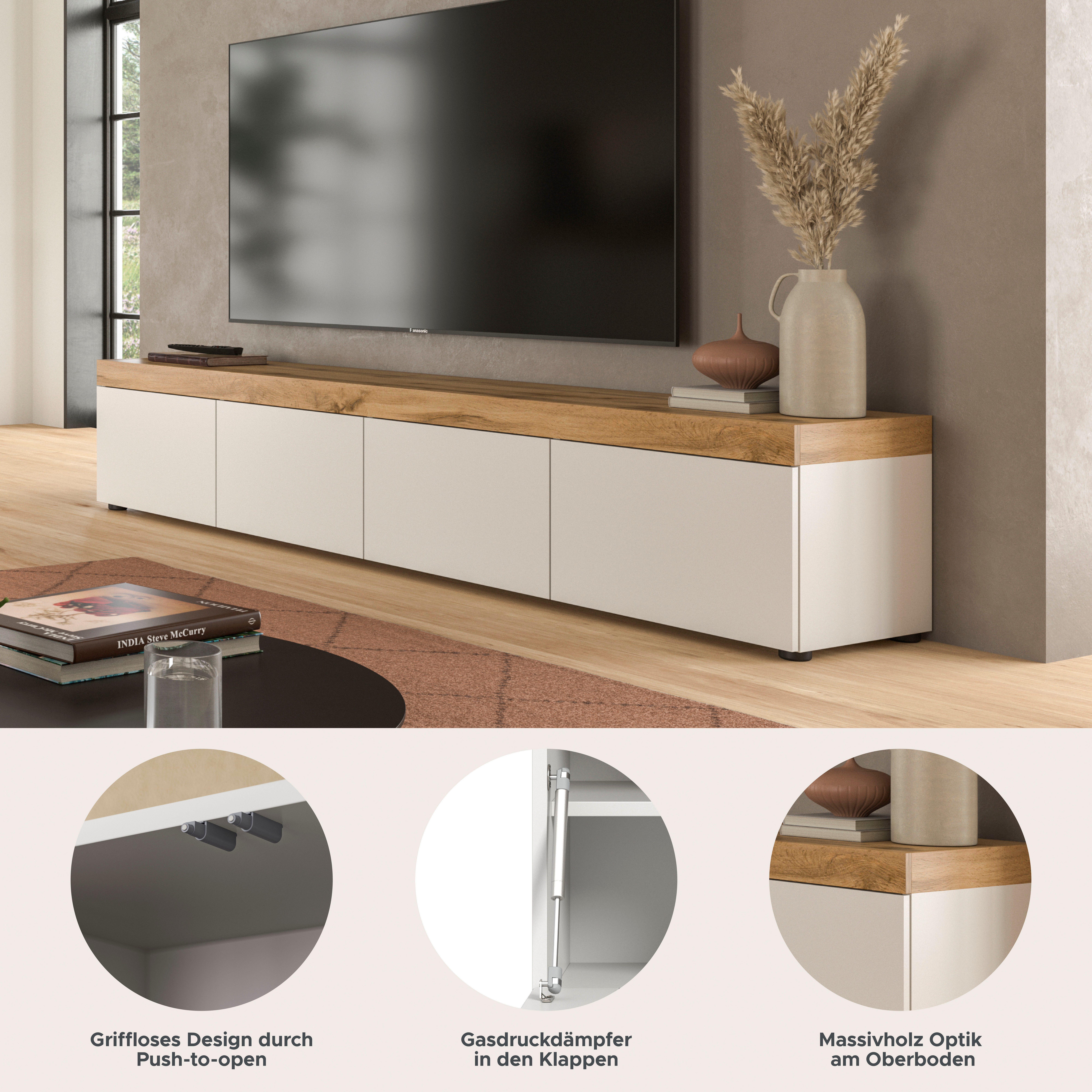 OTTO home Lowboard MAMBO, TOPSELLER!, Breite 200cm, 4 Klappen, stehend oder hängend (1 St., 2 farbige Ausführung, in verschiedenen Farben erhältlich), Lowboard, TV Unterschrank, Tv-Schrank, Wohnzimmer