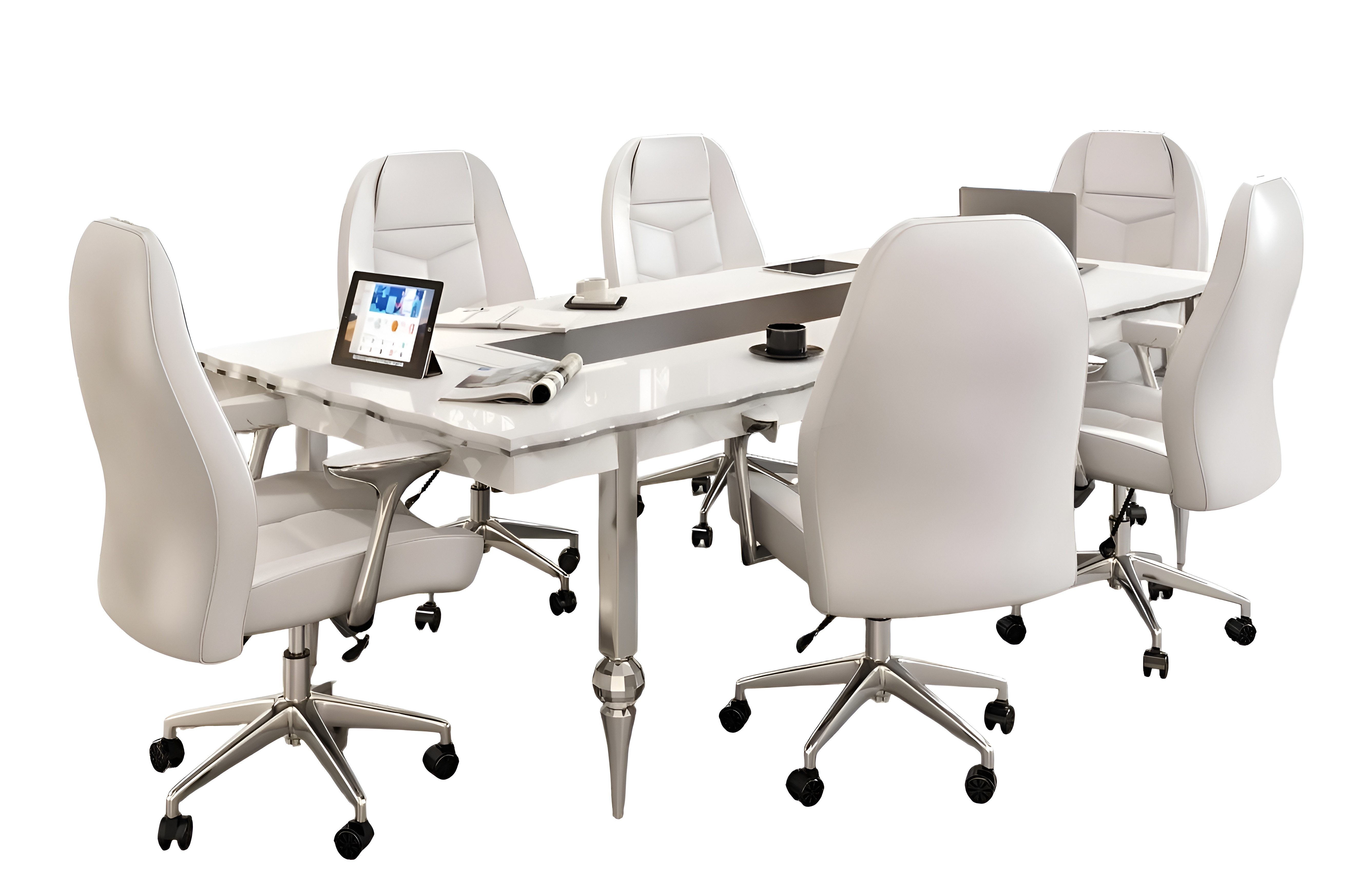JVmoebel Konferenztisch Elegantes Arbeitszimmer-Set in Weiß und Holz mit Stauraum (MaßeKonferenztisch, Maße6x Bürostuhle, MaßeTV-Ständer), Made in Europa