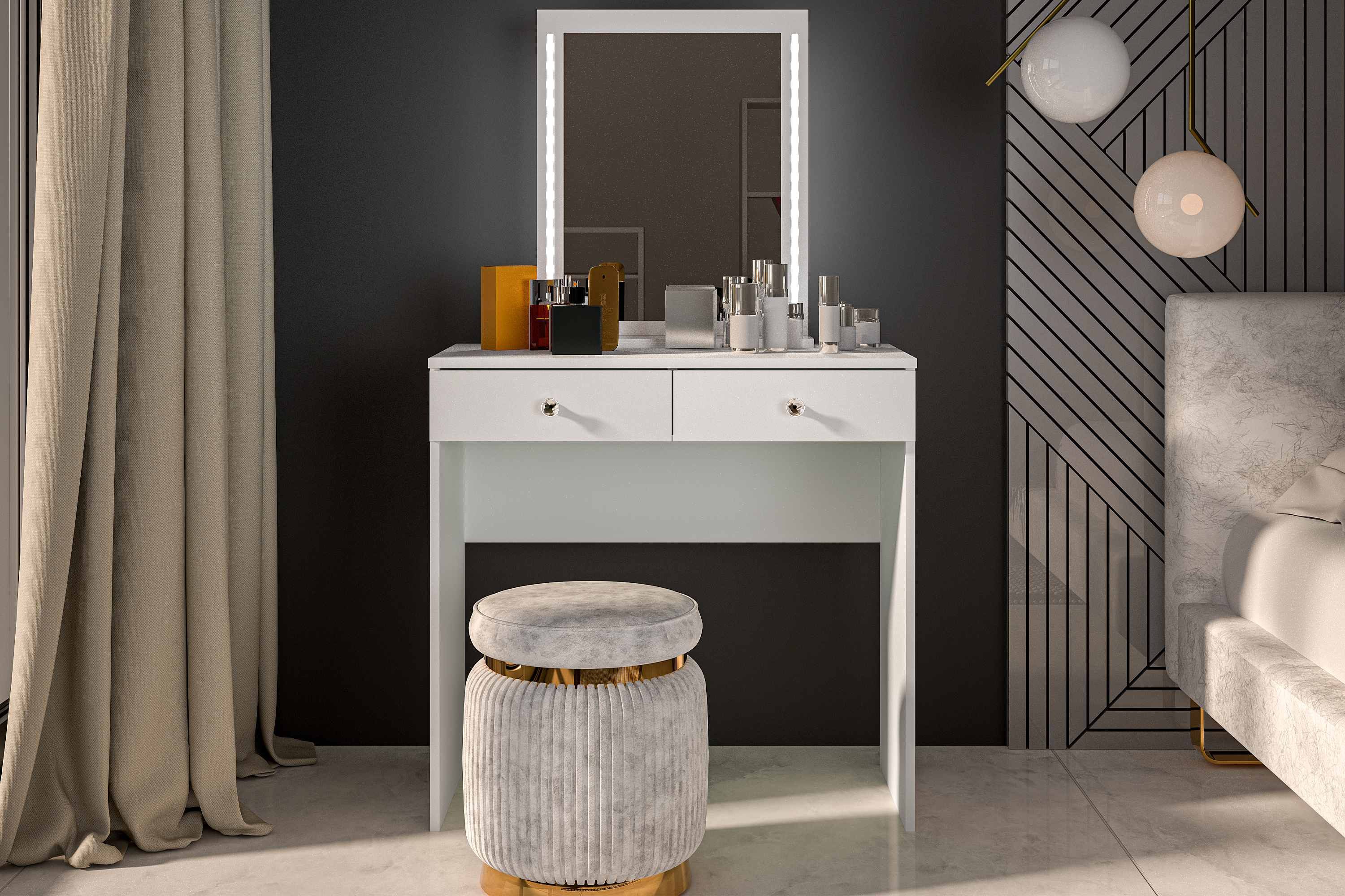 KONSIMO® Schminktisch RELETTI Schminktisch mit Spiegel, hergestellt in der EU, mit Schubladen, Griffe aus Diamant-Imitat, mit Beleuchtung