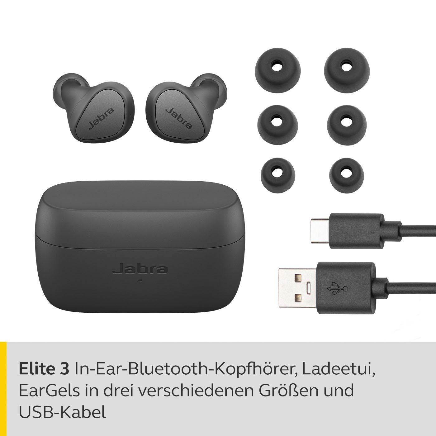 Jabra Elite 3 In-Ear-Kopfhörer Google Assistant, (Geräuschisolierung, Alexa, Siri, dunkelgrau Bluetooth)