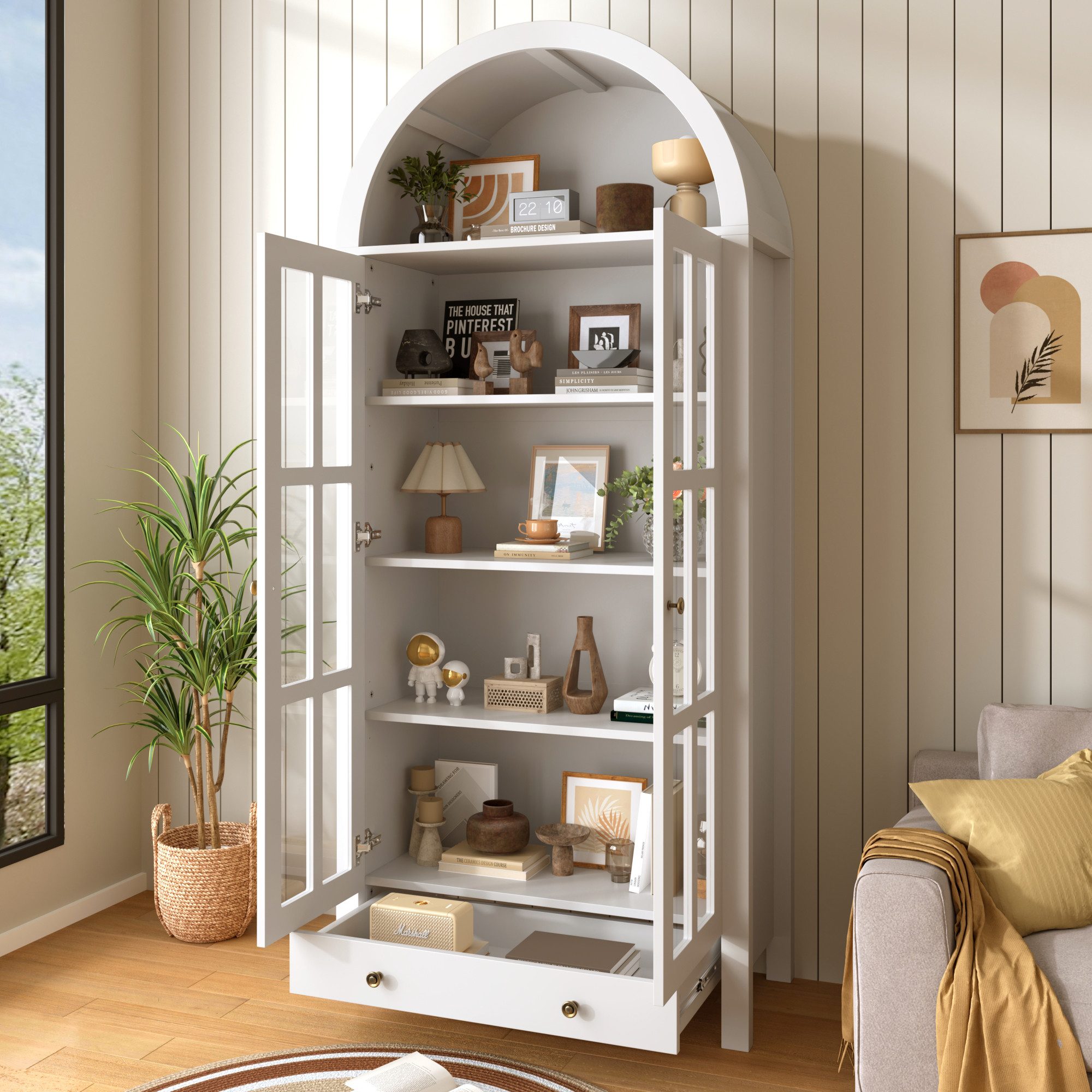 Flieks Hochschrank Bogen-Glasvitrine Mehrzweckschrank mit Acryltüren Landhausstil (Bogenform Vorratsschrank mit verstellbarer Einlegeböden, 1-St., B75/T35/H170, – Bild 4 von 5