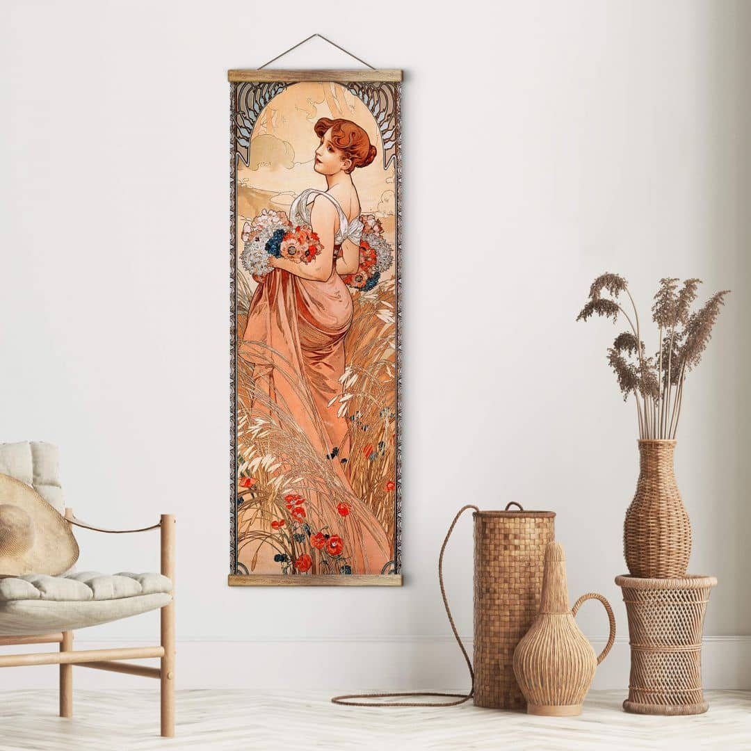 K&L Wall Art Leinwandbild Vintage Stoffbild Poster Mucha Sommer 1900 Wand-Teppich Deko, Jugendstil Kunstdruck Banner ohne Zubehör