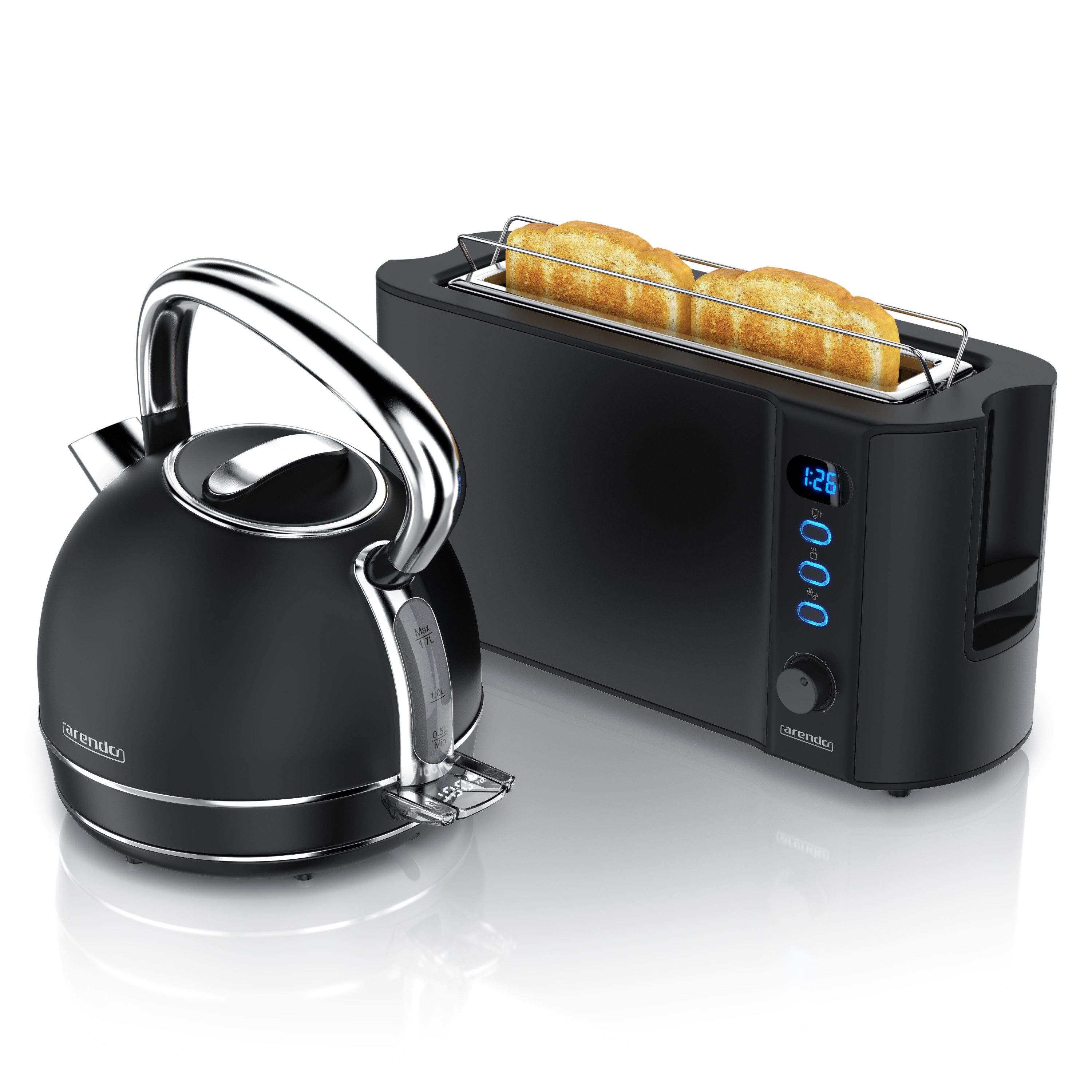 Arendo Frühstücks-Set Edelstahl Wasserkocher 1,7l, 2-Scheiben Langschlitz Toaster, schwarz (2-tlg), Vintage Wasserkocher Temperatureinstellung, Toaster Brötchenaufsatz