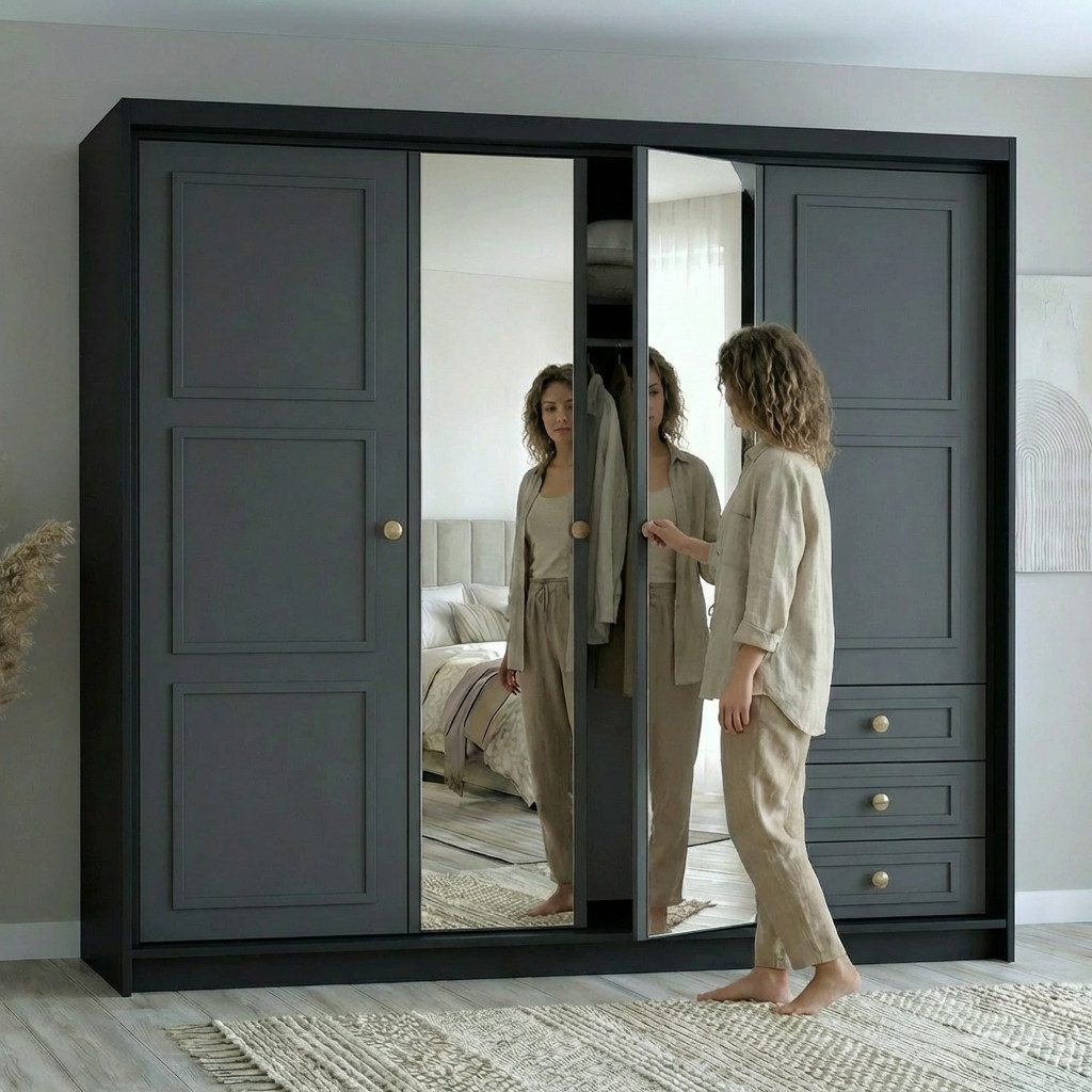 A&J MöbelLand GmbH Drehtürenschrank OSLO viertüriger Kleiderschrank mit Schubladen und Metallgriffen (Geräumiger viertüriger Kleiderschrank mit Schubladen und Metallgriffen. Geräumiger Schrank mit einer Breite von 200 cm und Schubladen, ideal zur Aufbewahrung von Kleidung und Accessoires. Viel Stauraum. TOP PRODUKT! Wählen Sie das ideale Modell für Ihr Schlafzimmer!, TOP ANGEBOT) Breite: 200 cm, Höhe: 215 cm, Tiefe: 59,5 cm
